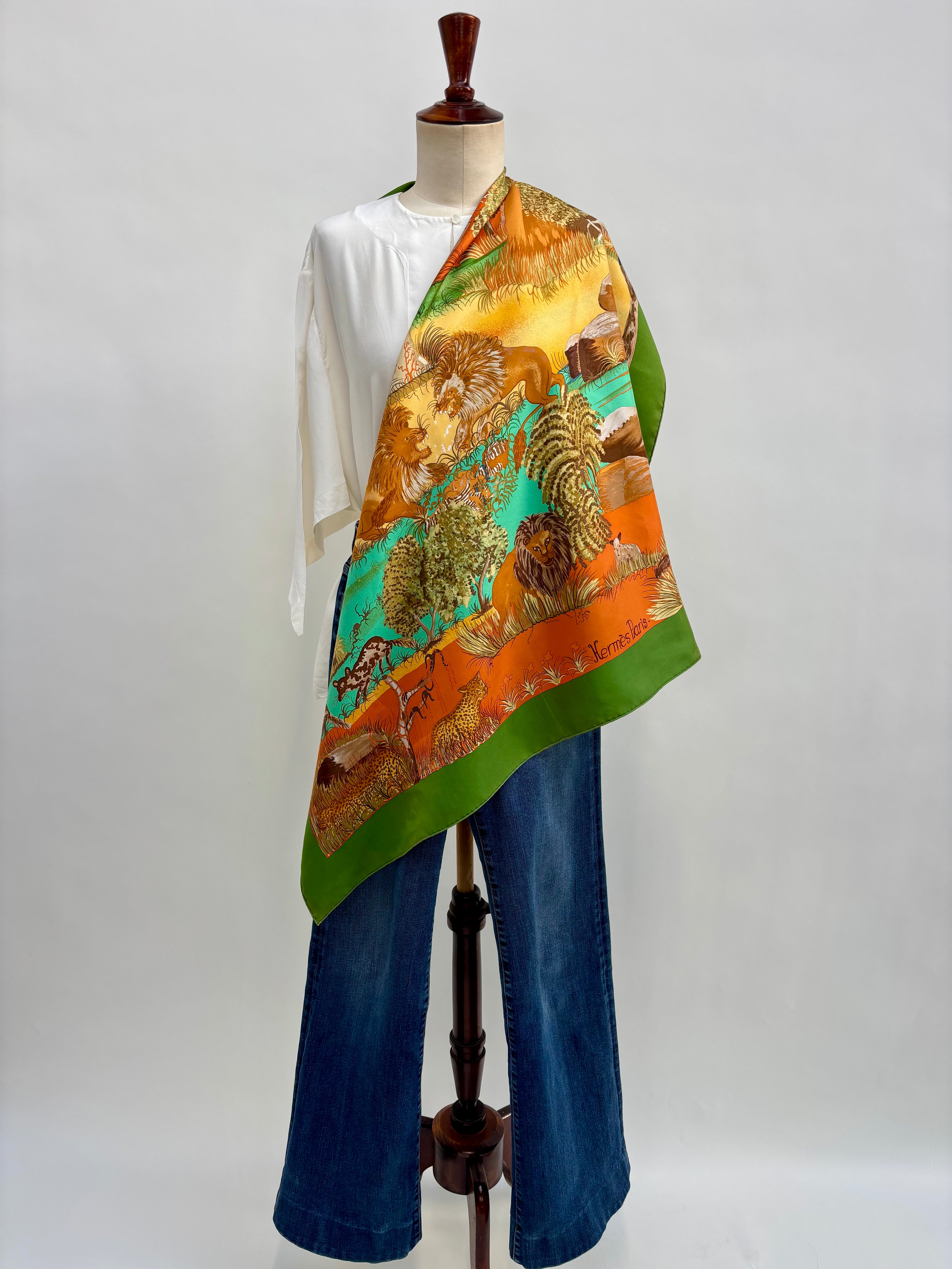 Hermès Vintage Silk Scarf 90×90 Wildlife Lion Design, Made in France