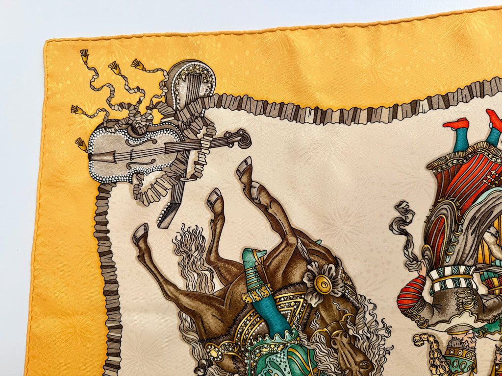 Hermès Les Fêtes du Roi Soleil Carré 90 Silk Scarf Yellow Ivory by Loïc Dubigeon