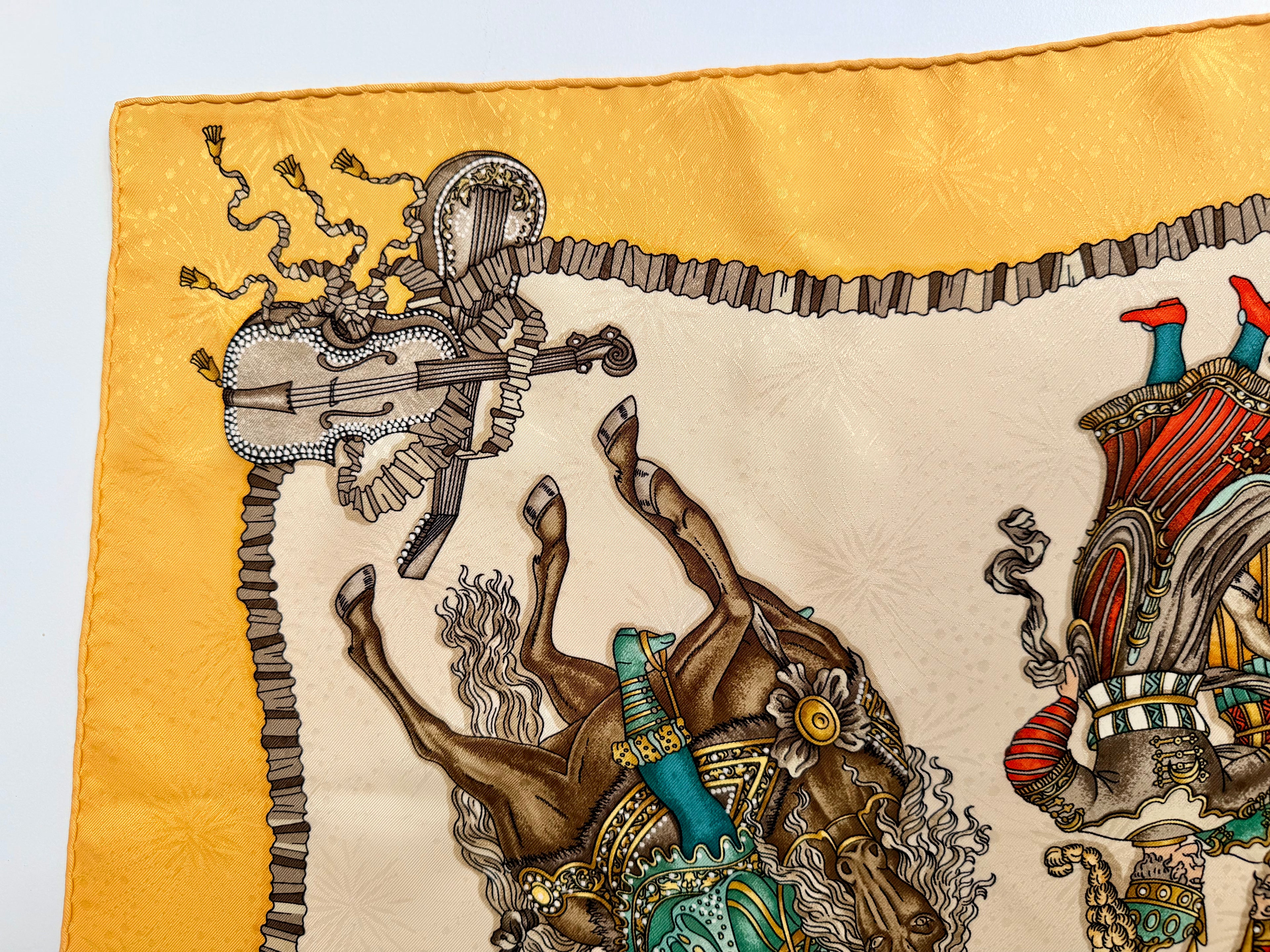 Hermès Les Fêtes du Roi Soleil Carré 90 Silk Scarf Yellow Ivory by Loïc Dubigeon