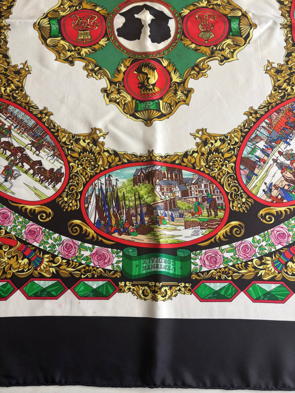 Hermès Vintage Silk Carré 90 Scarf Black Multicolor Print