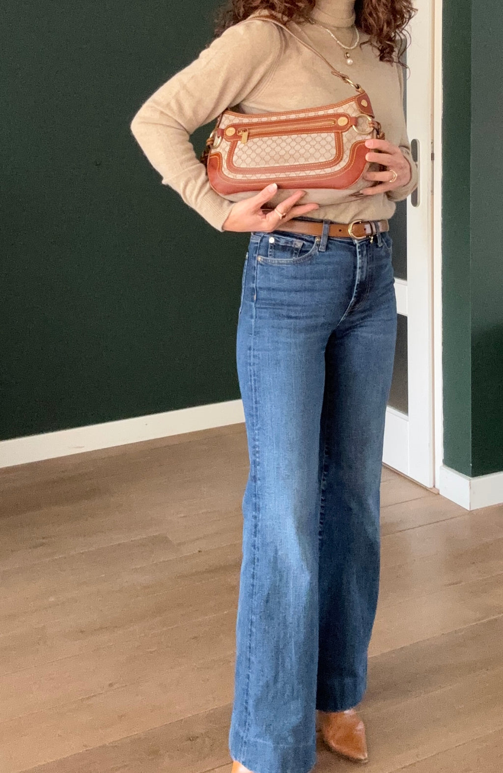 Celine Vintage 90s Brown Leather / Canvas Handbag