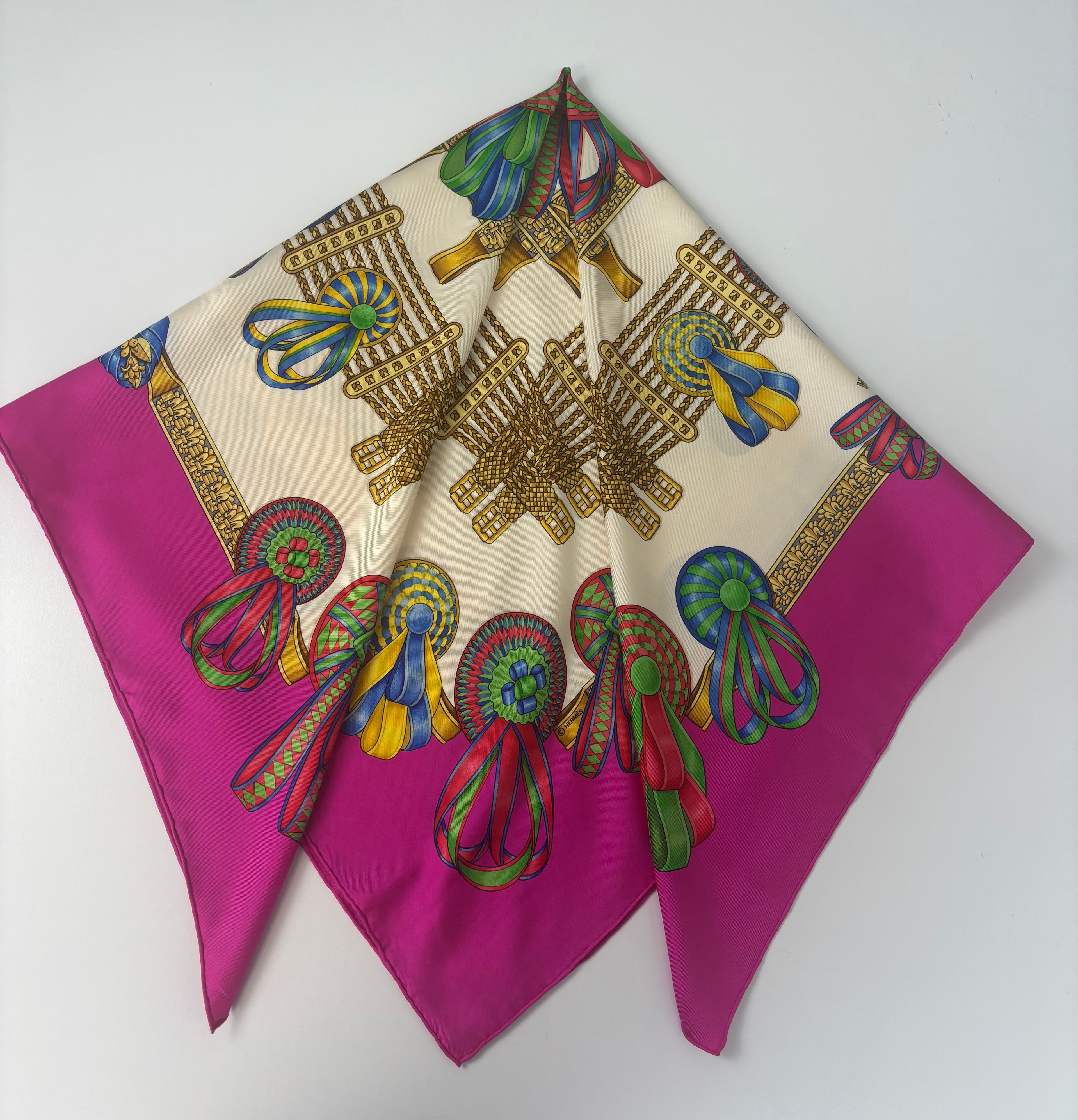 Hermès Vintage Silk Carré 90 Scarf Fuchsia Pink Multicolor Print