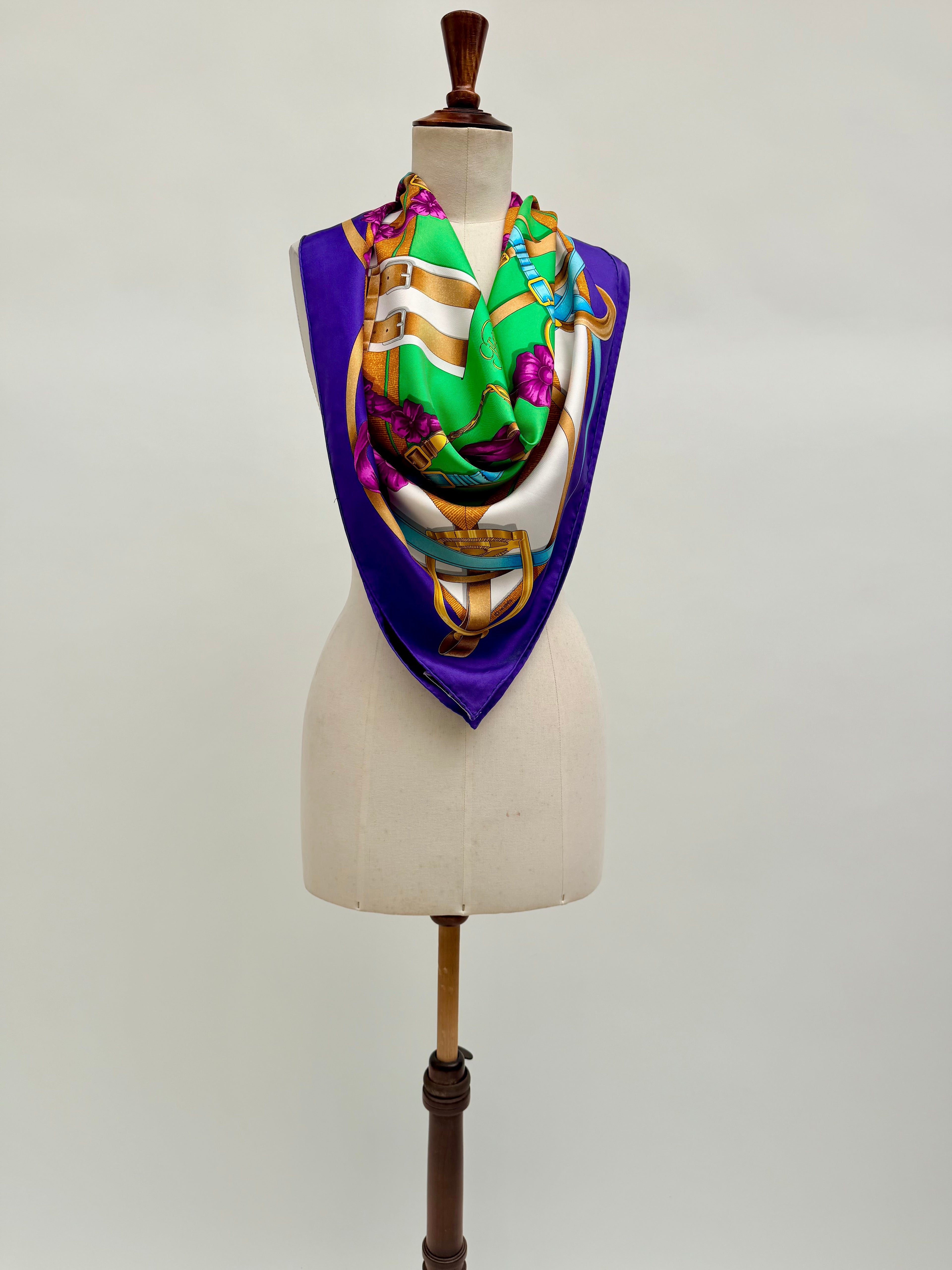 Hermès Grand Manège Silk Scarf 90x90 Purple Green Gold by Henri d’Origny