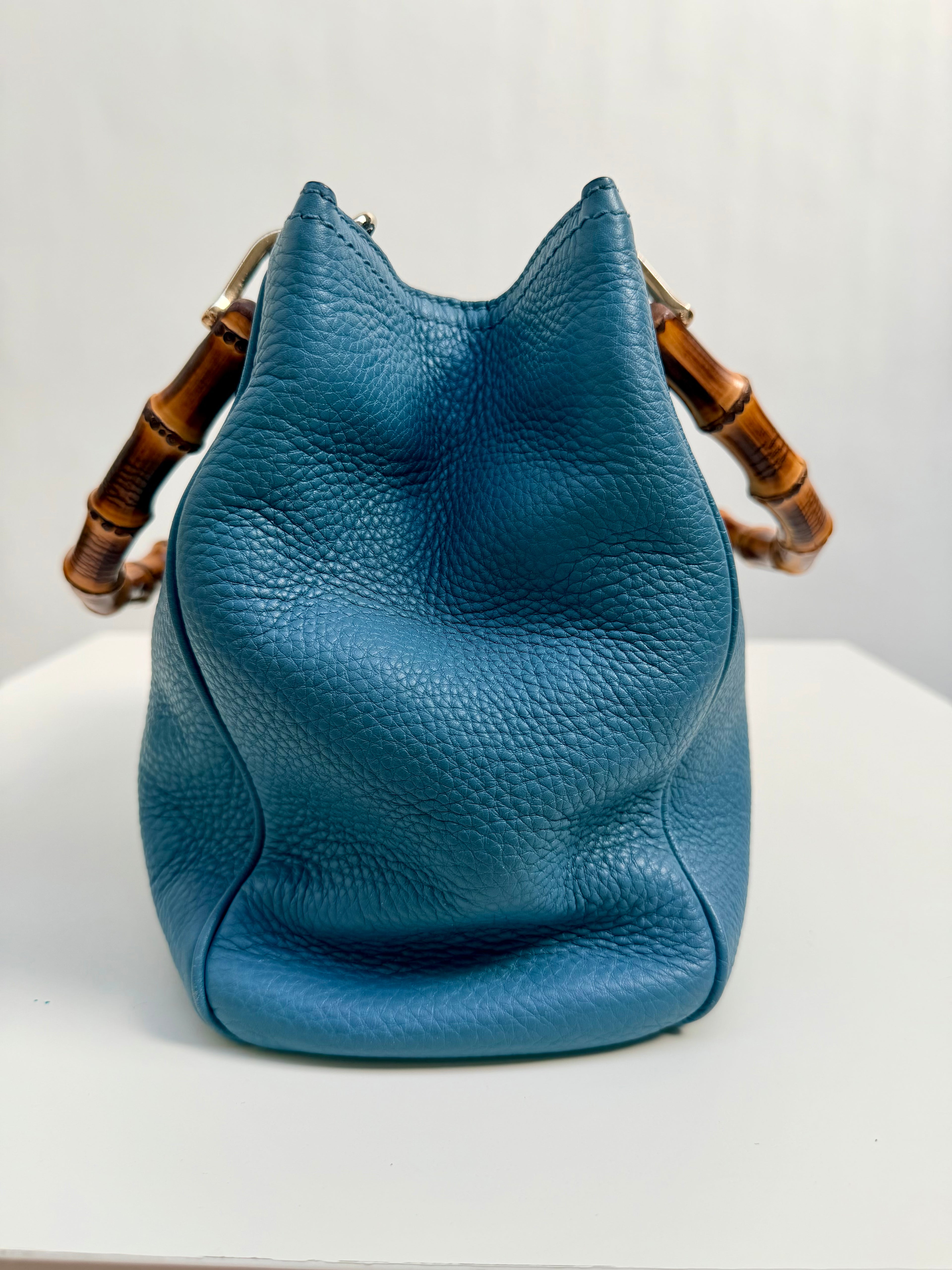 Gucci Bamboo Leather Top Handle Bag Blue Vintage Bamboo Crossbody