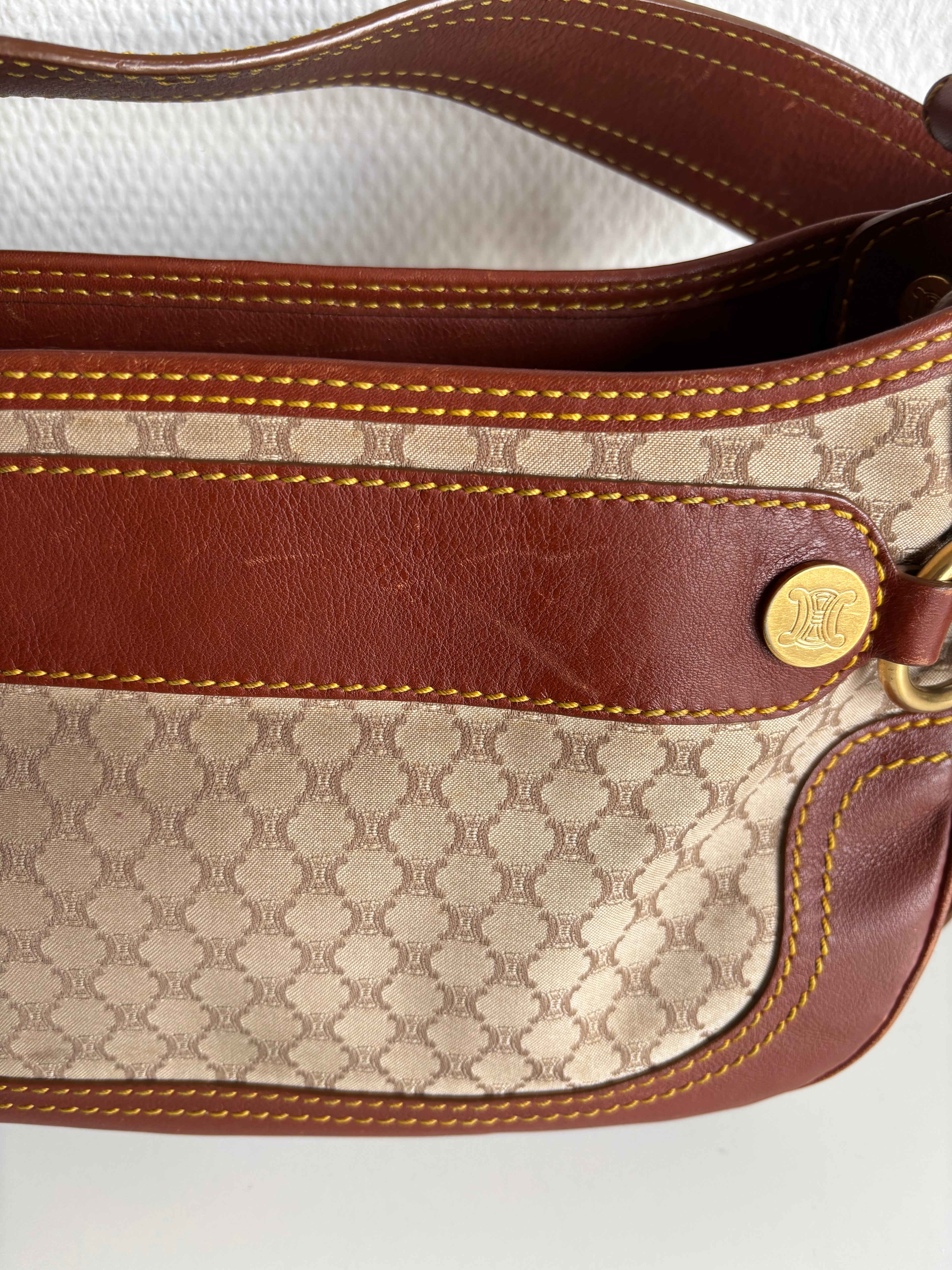 Celine Vintage 90s Brown Leather / Canvas Handbag