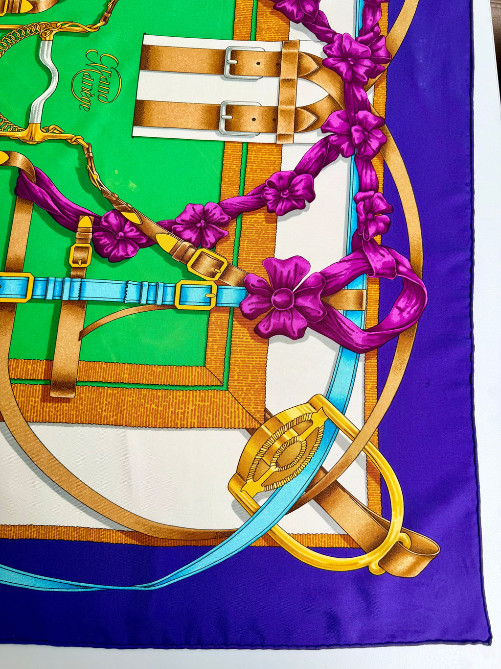 Hermès Grand Manège Silk Scarf 90x90 Purple Green Gold by Henri d’Origny