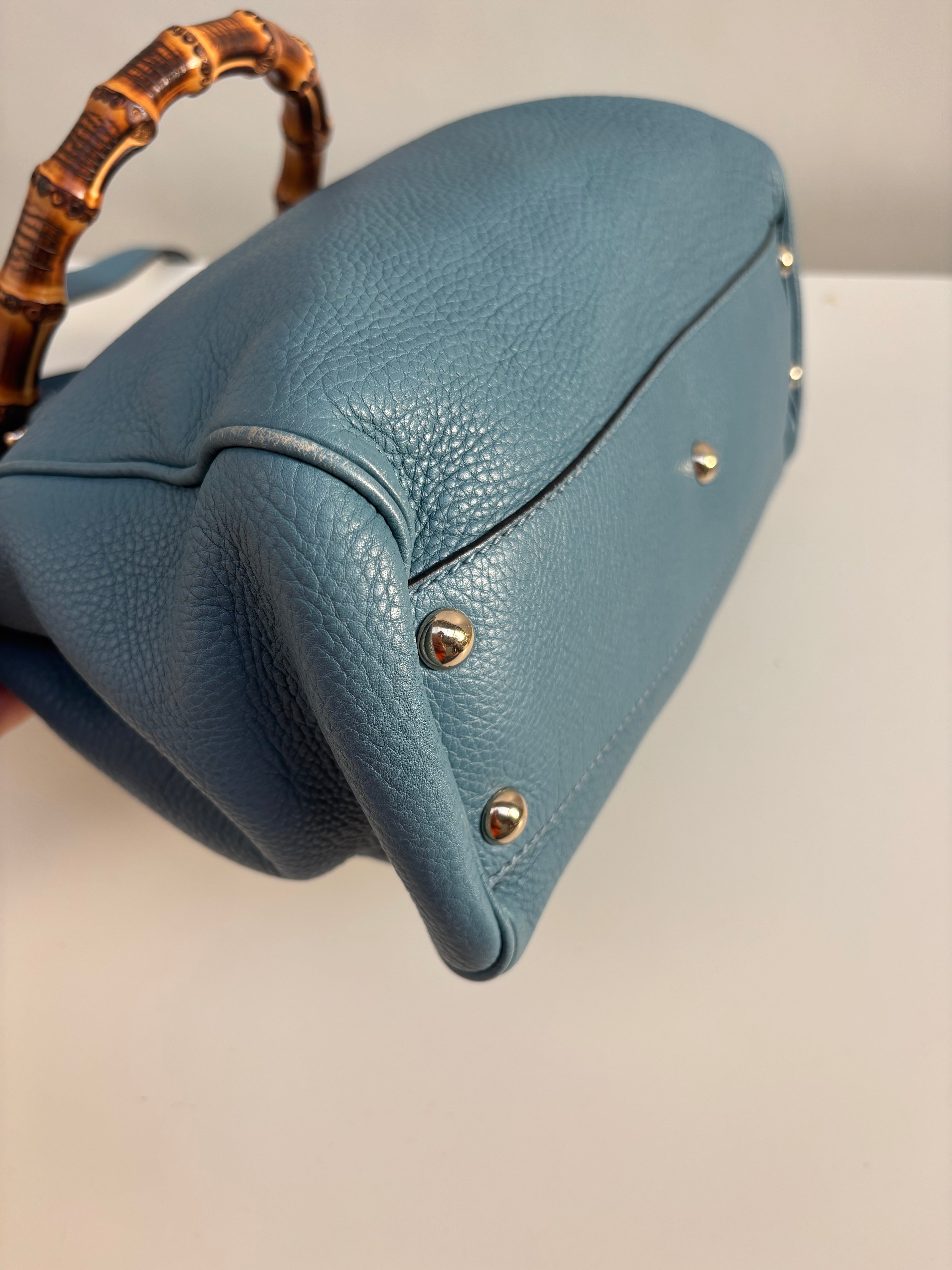 Gucci Bamboo Leather Top Handle Bag Blue Vintage Bamboo Crossbody