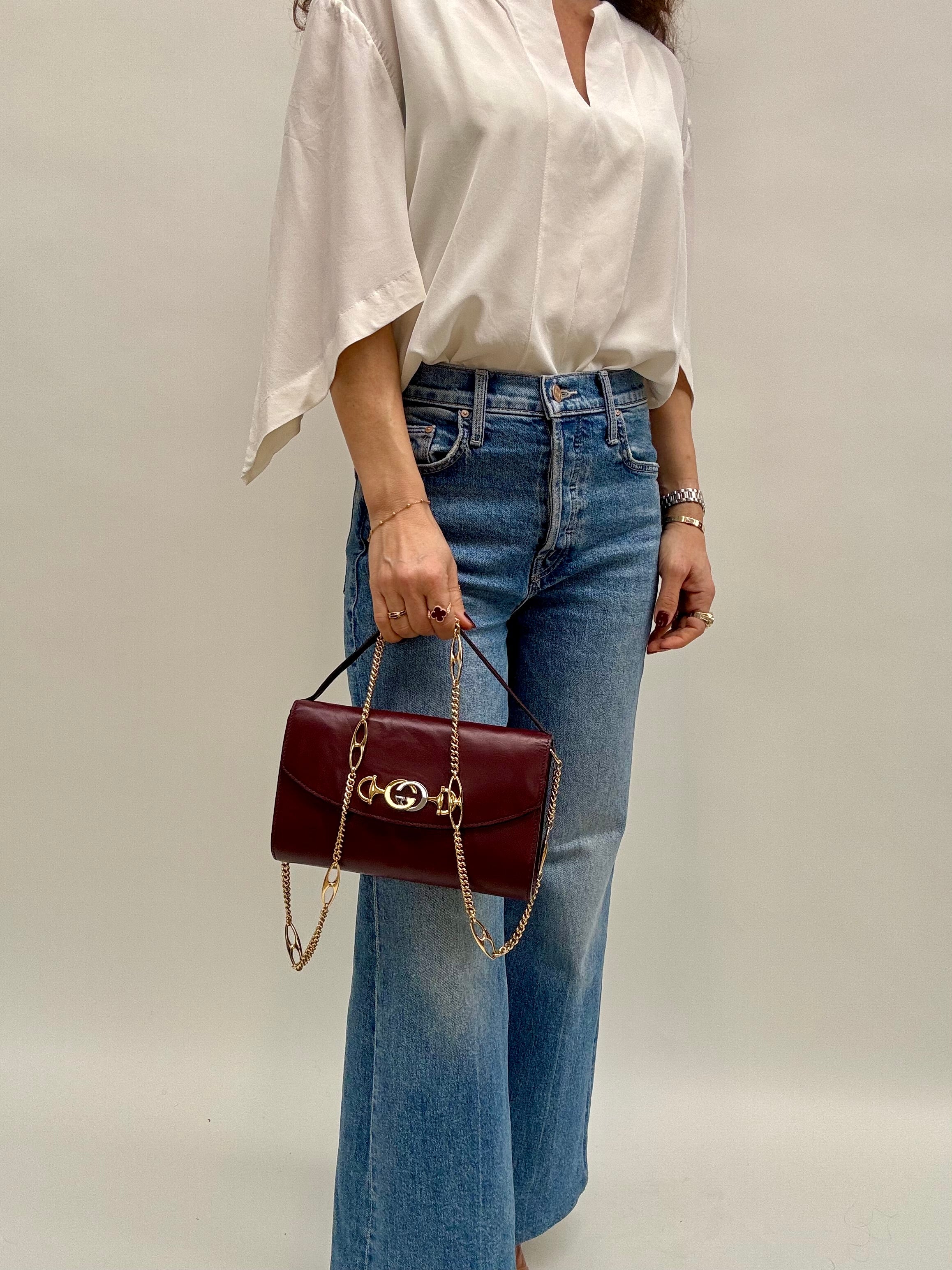 Gucci Vintage Horsebit Chain Shoulder Bag Bordeaux Leather 90s Crossbody Clutch