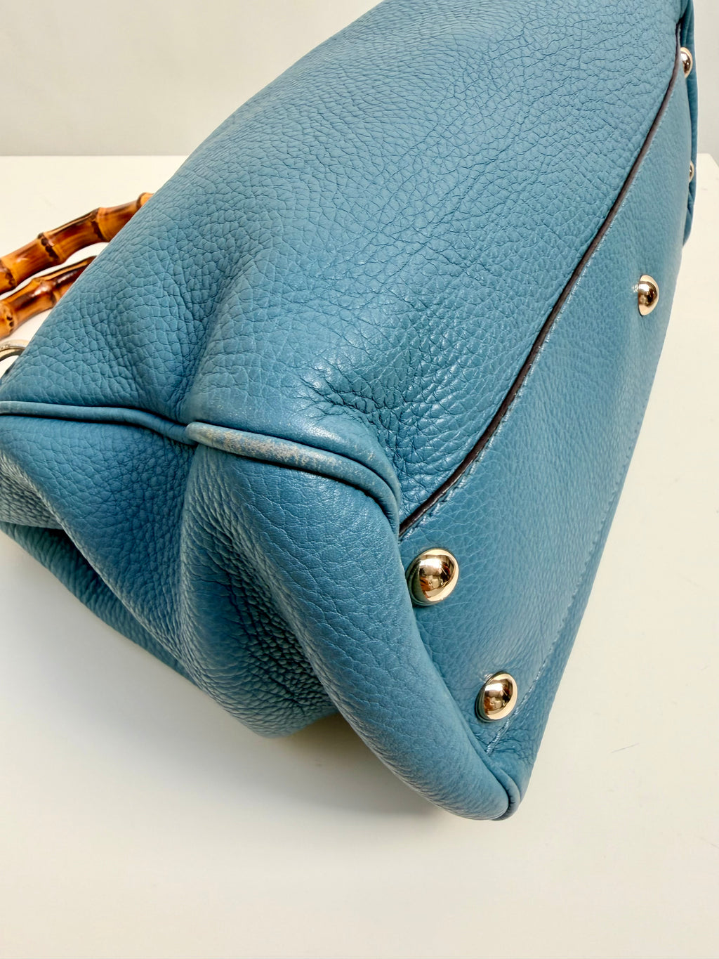 Gucci Bamboo Leather Top Handle Bag Blue Vintage Bamboo Crossbody