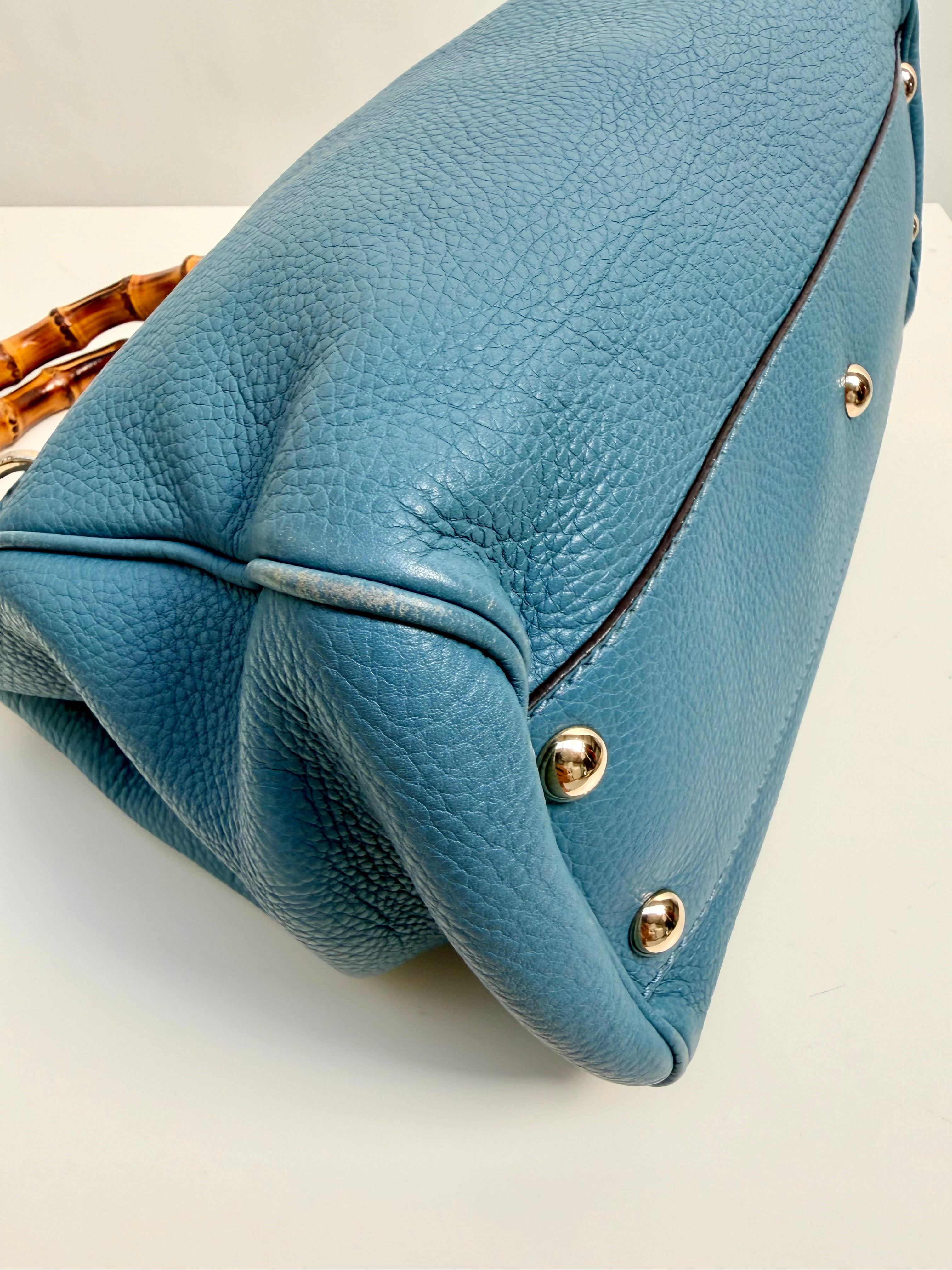 Gucci Bamboo Leather Top Handle Bag Blue Vintage Bamboo Crossbody