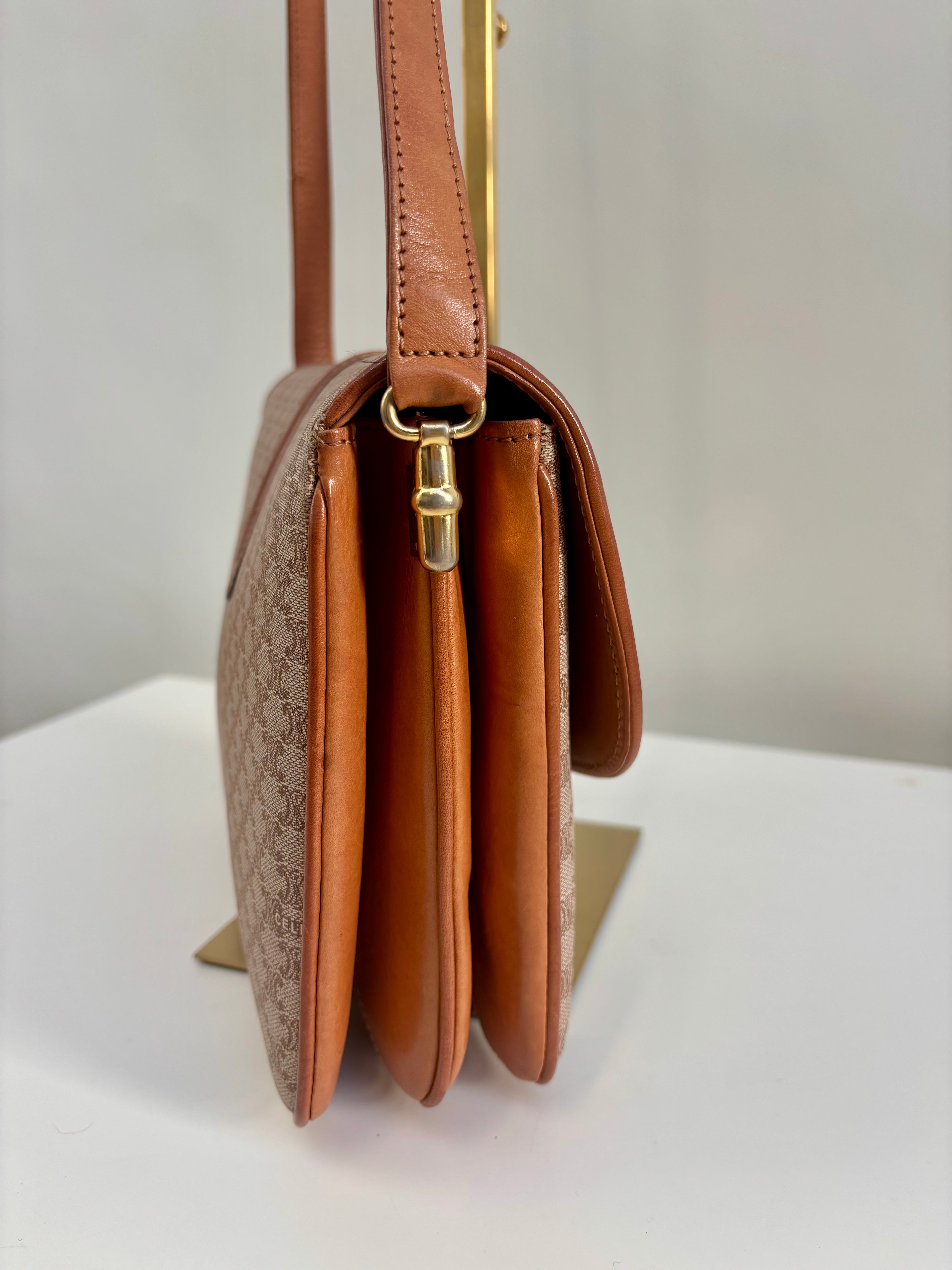 Celine Vintage 90s Macadam Crossbody Bag Beige Brown Canvas