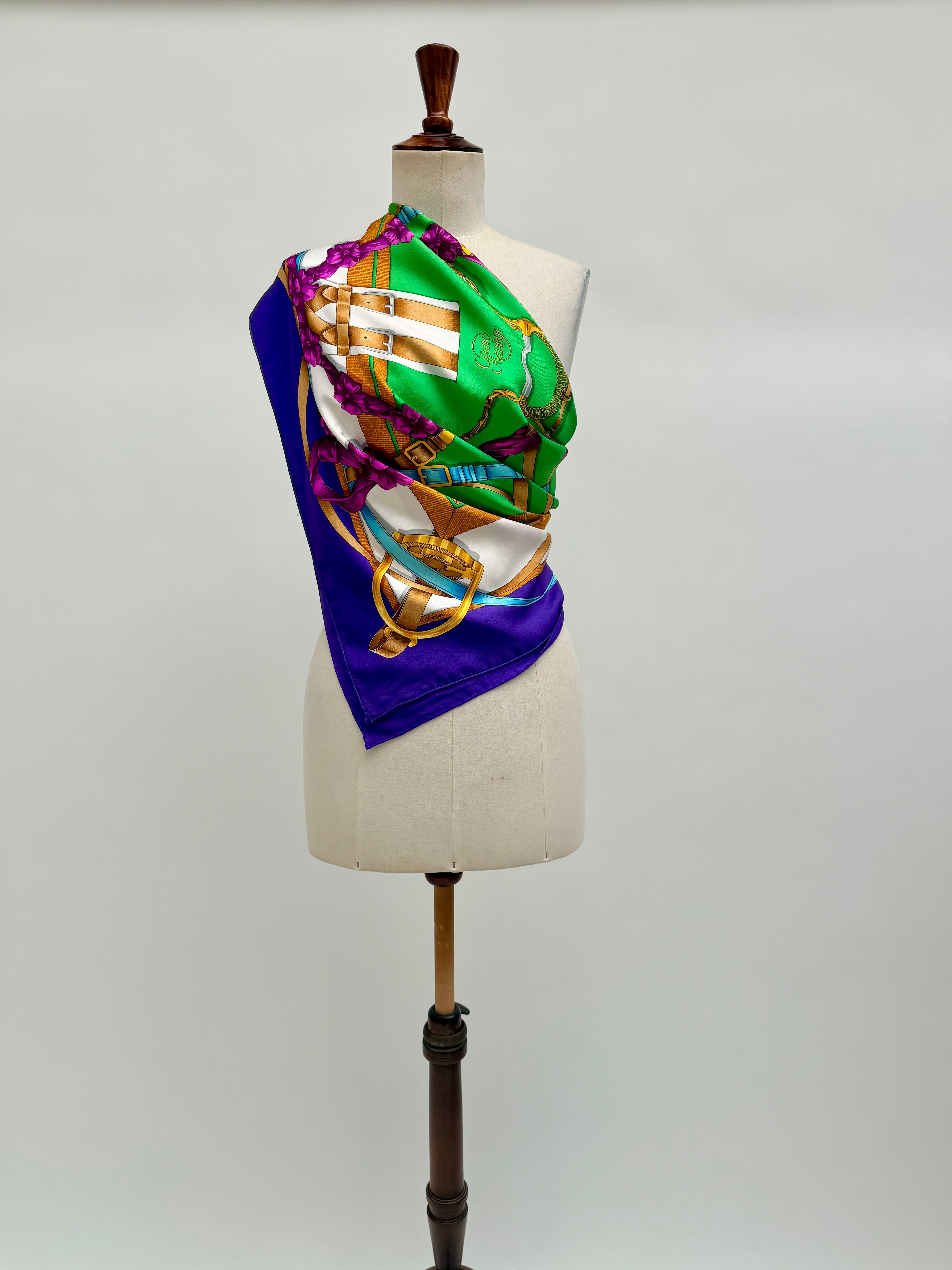 Hermès Grand Manège Silk Scarf 90x90 Purple Green Gold by Henri d’Origny