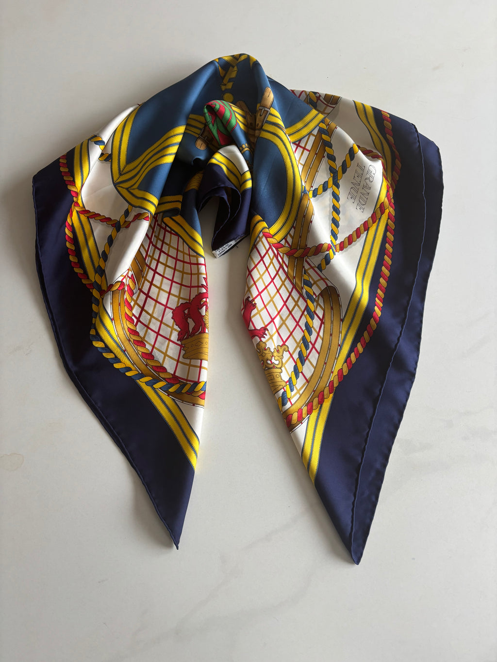 Hermès Carré 90 Silk Scarf Blue Gold Heraldic Equestrian Motif