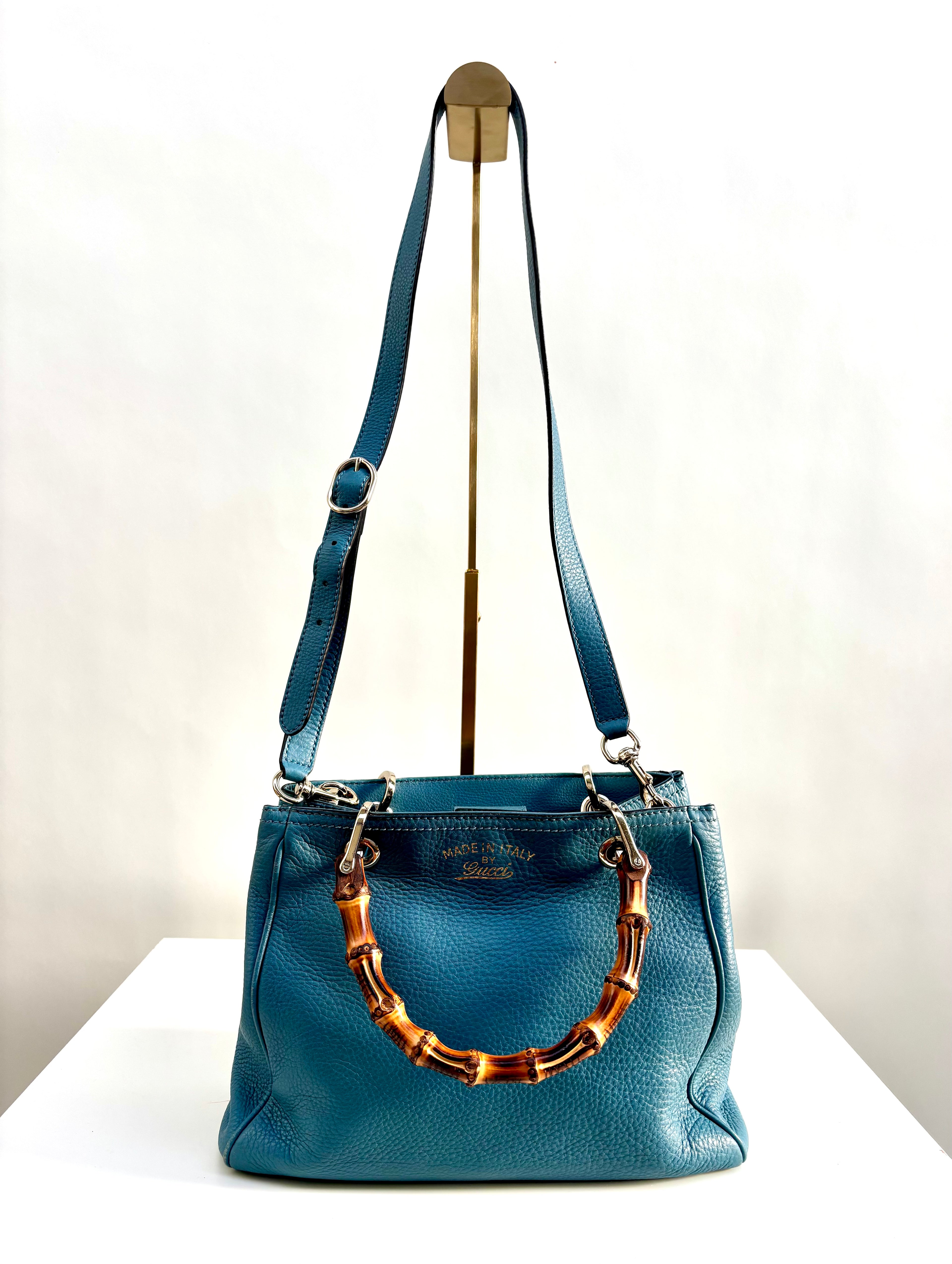 Gucci Bamboo Leather Top Handle Bag Blue Vintage Bamboo Crossbody