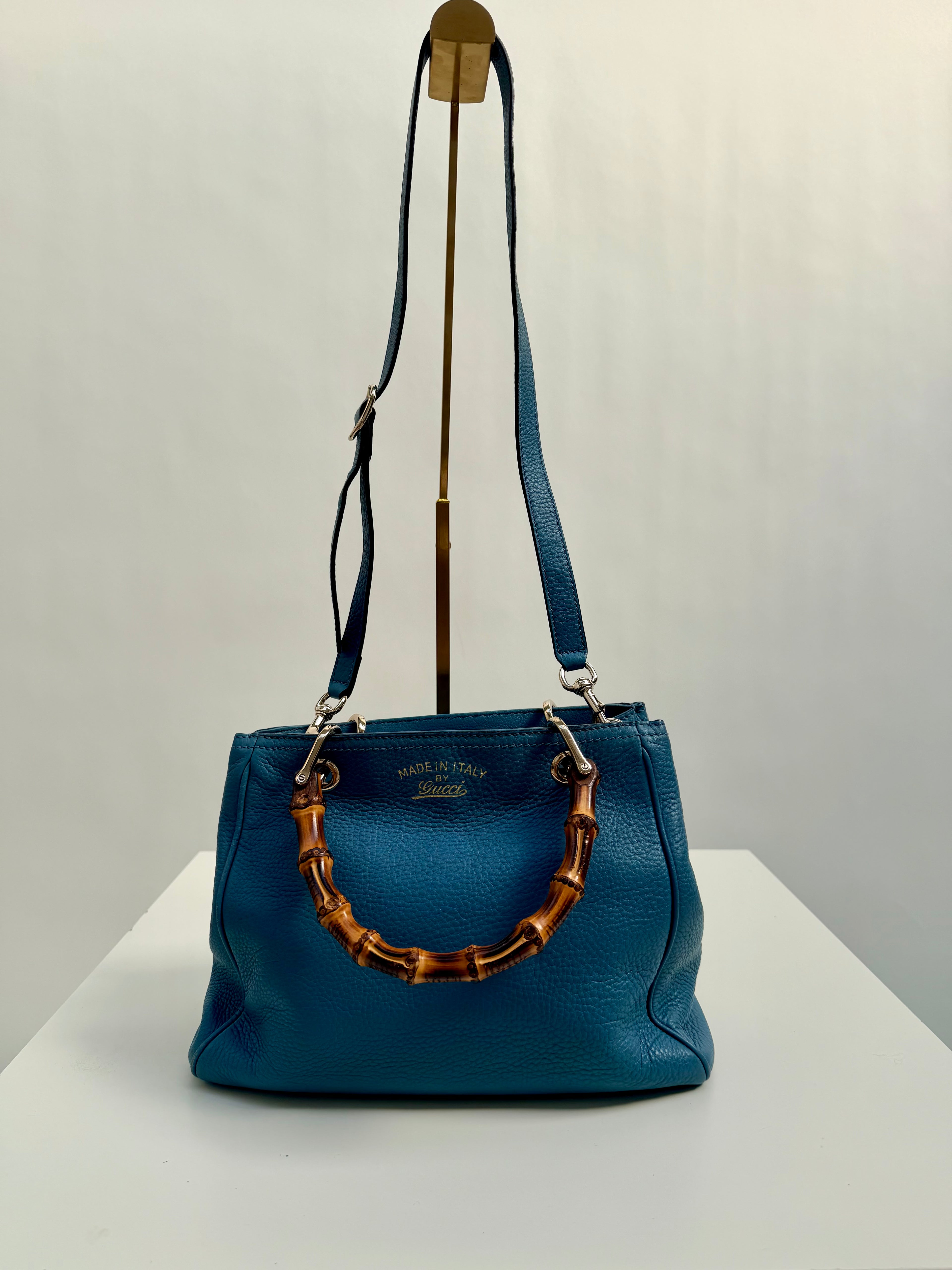Gucci Bamboo Leather Top Handle Bag Blue Vintage Bamboo Crossbody