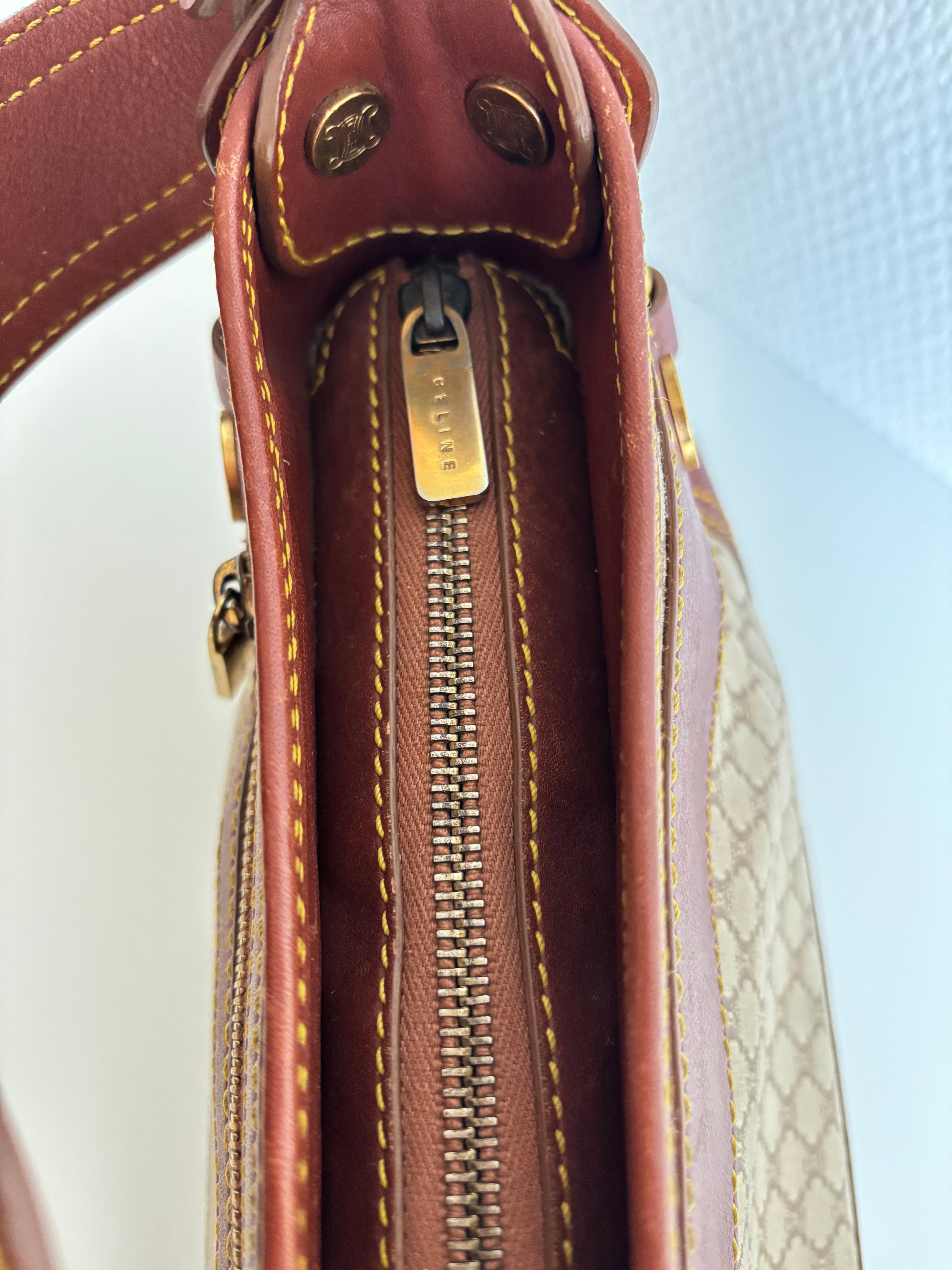 Celine Vintage 90s Brown Leather / Canvas Handbag