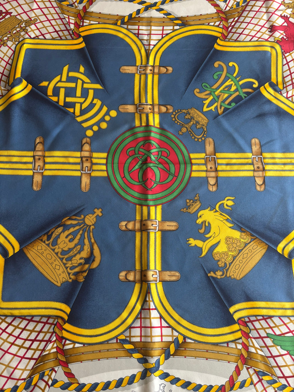 Hermès Carré 90 Silk Scarf Blue Gold Heraldic Equestrian Motif