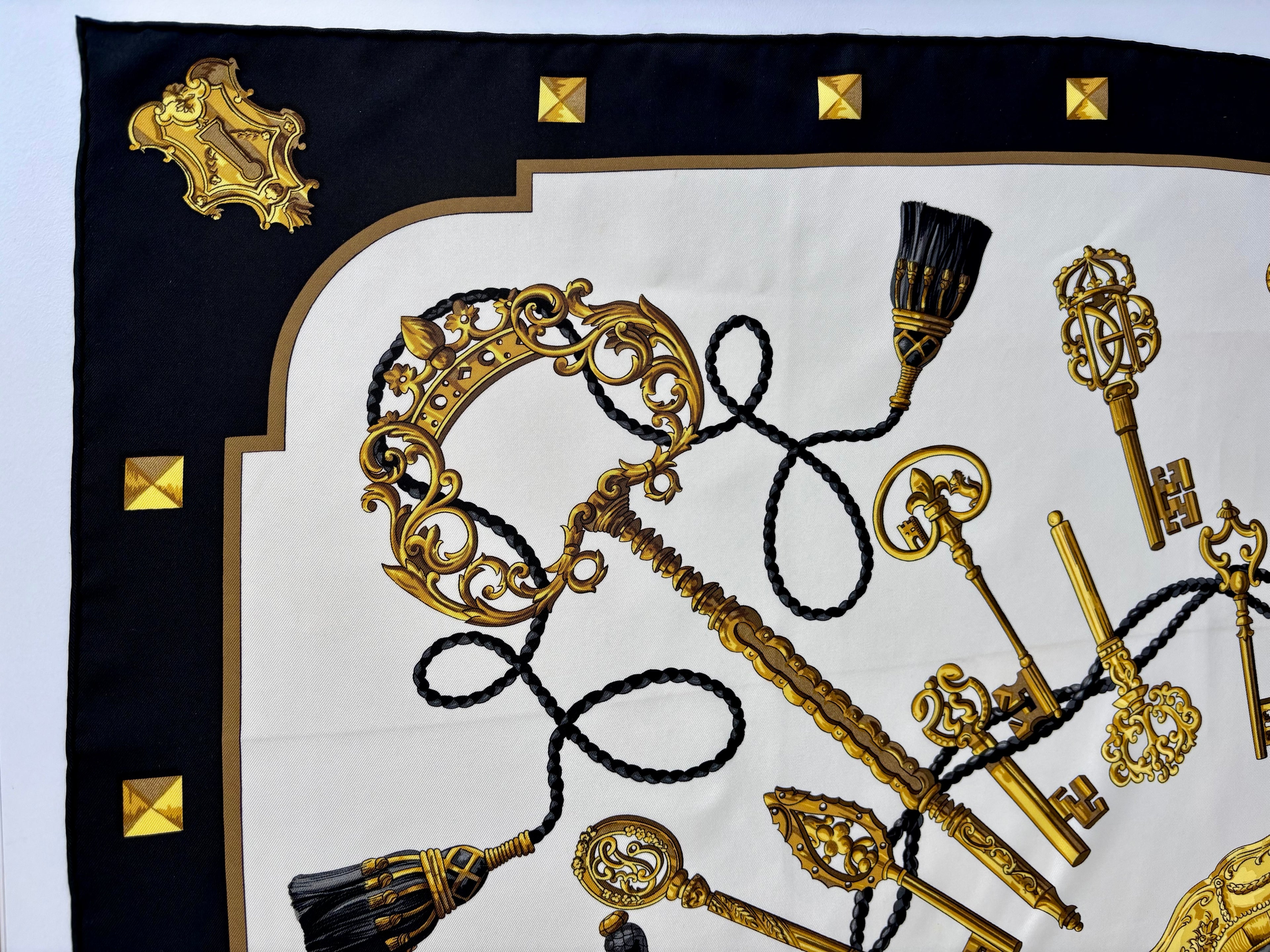 Hermès Les Clés Silk Scarf 90x90 Black Gold Vintage Carré Designer Luxury Key Motif