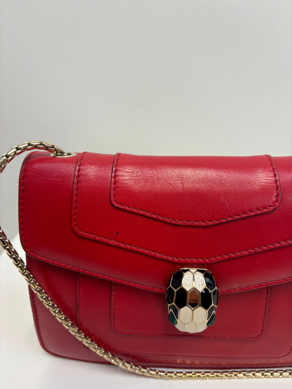 Bvlgari Serpenti Shoulder Bag Red Leather with Gold Strap