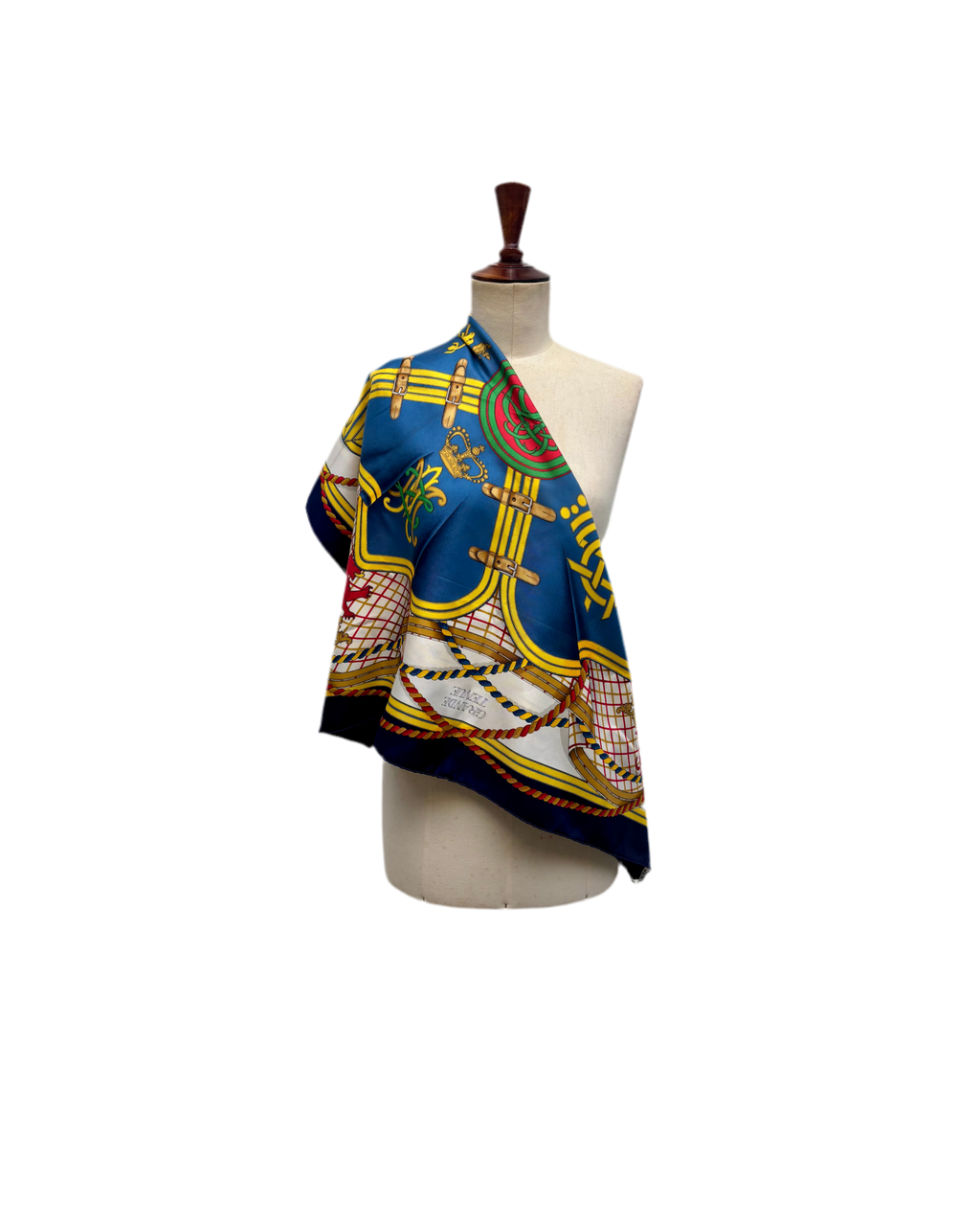 Hermès Carré 90 Silk Scarf Blue Gold Heraldic Equestrian Motif