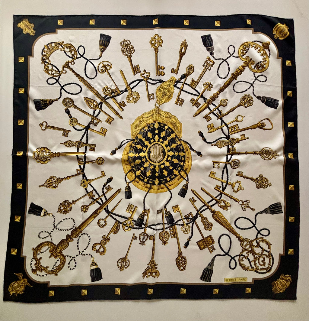 Hermès Les Clés Silk Scarf 90x90 Black Gold Vintage Carré Designer Luxury Key Motif