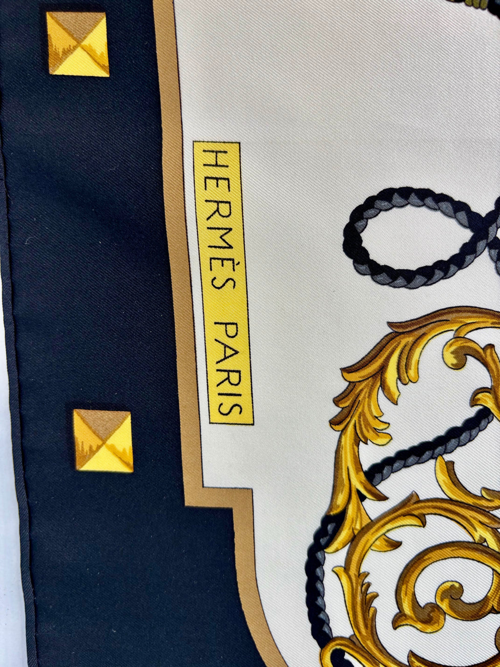 Hermès Les Clés Silk Scarf 90x90 Black Gold Vintage Carré Designer Luxury Key Motif