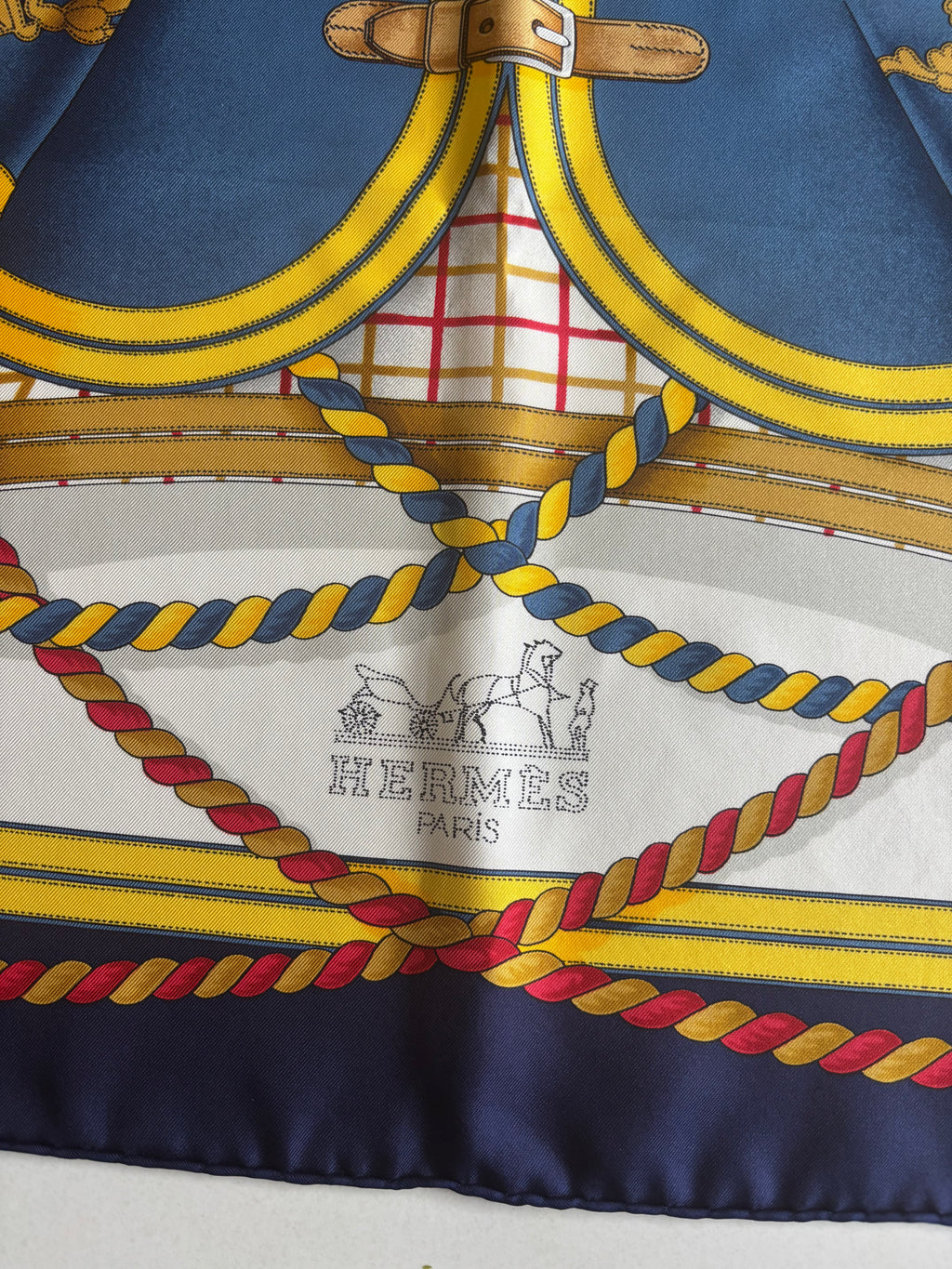 Hermès Carré 90 Silk Scarf Blue Gold Heraldic Equestrian Motif