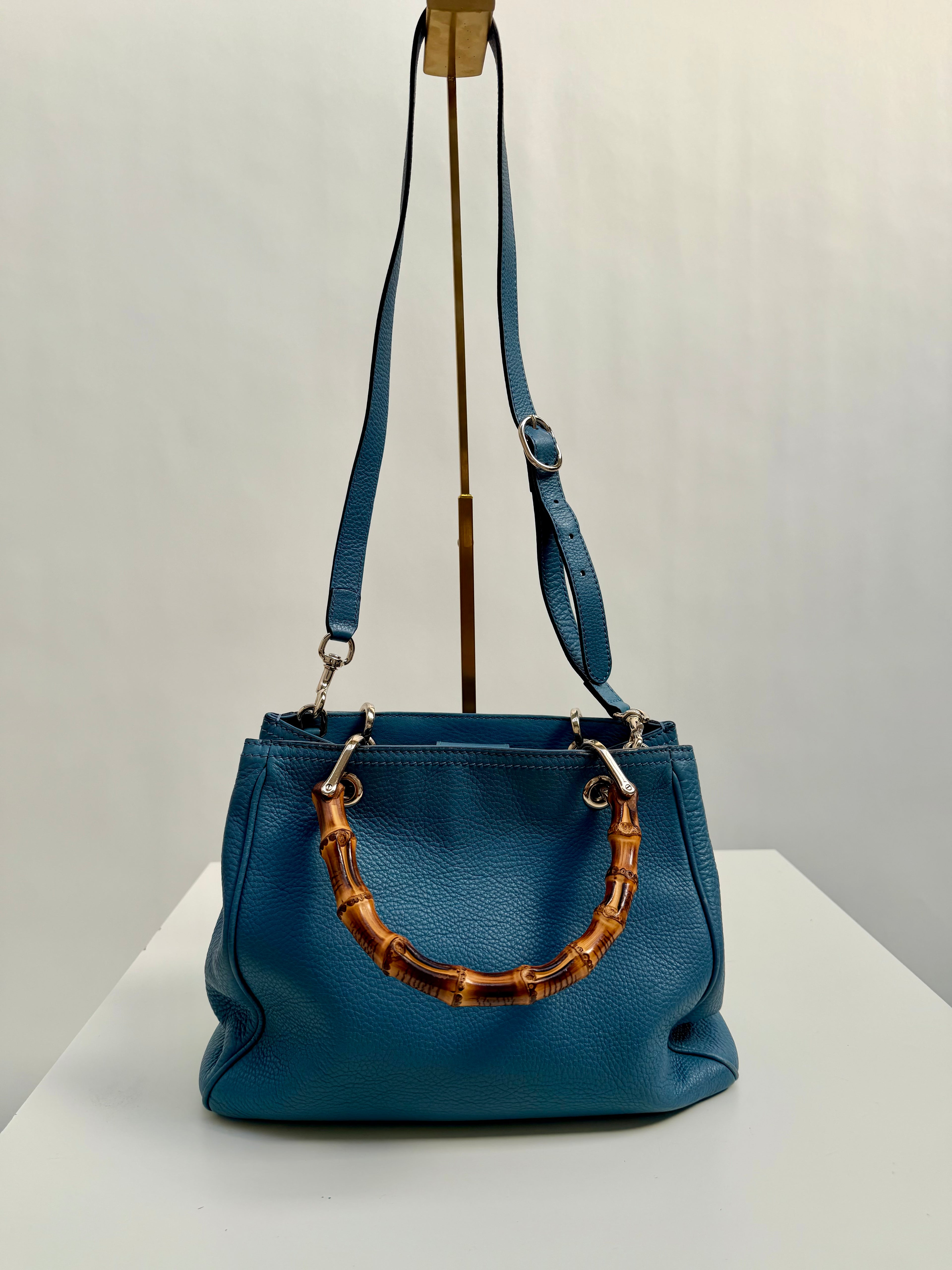 Gucci Bamboo Leather Top Handle Bag Blue Vintage Bamboo Crossbody