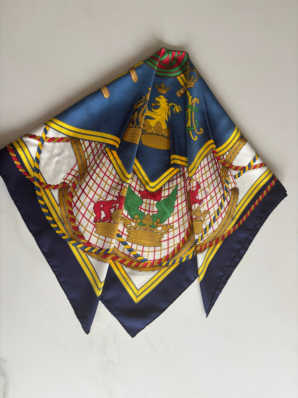 Hermès Carré 90 Silk Scarf Blue Gold Heraldic Equestrian Motif