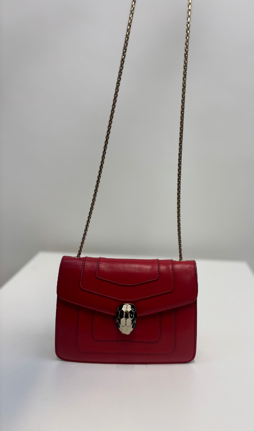 Bvlgari Serpenti Shoulder Bag Red Leather with Gold Strap