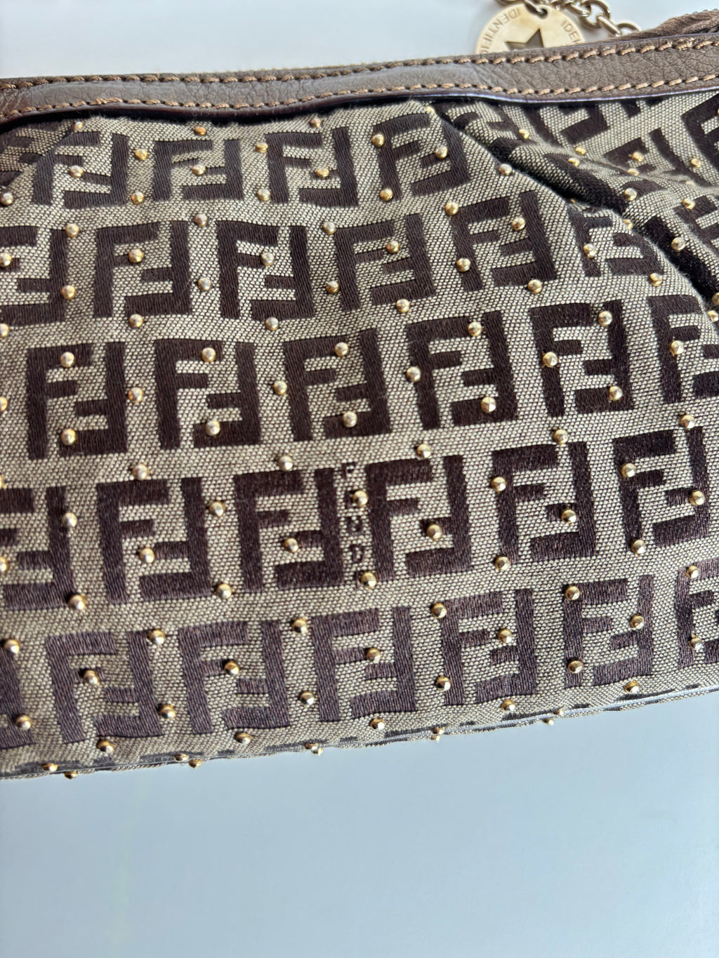 Fendi Bronze Brown Studded Chain Handbag- Golden Details