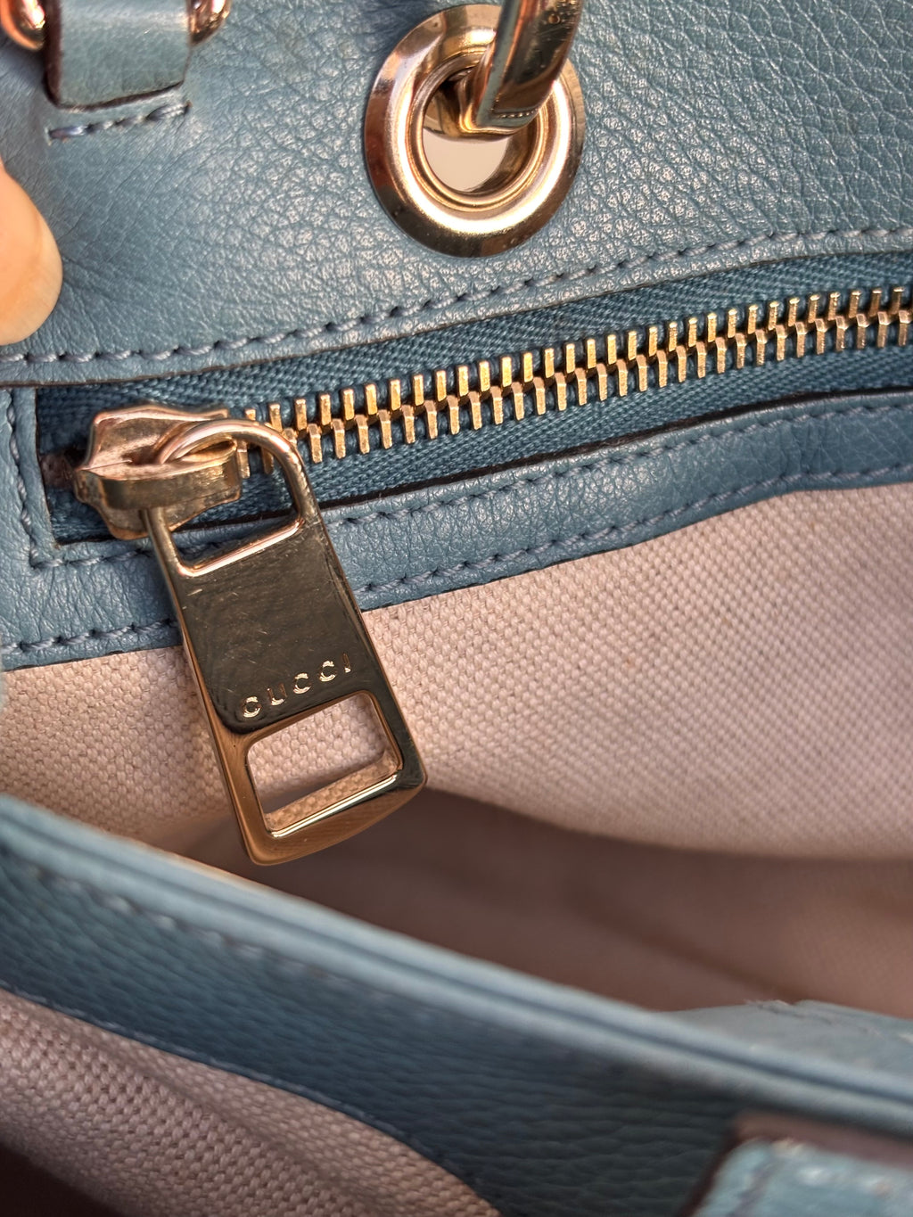 Gucci Bamboo Leather Top Handle Bag Blue Vintage Bamboo Crossbody