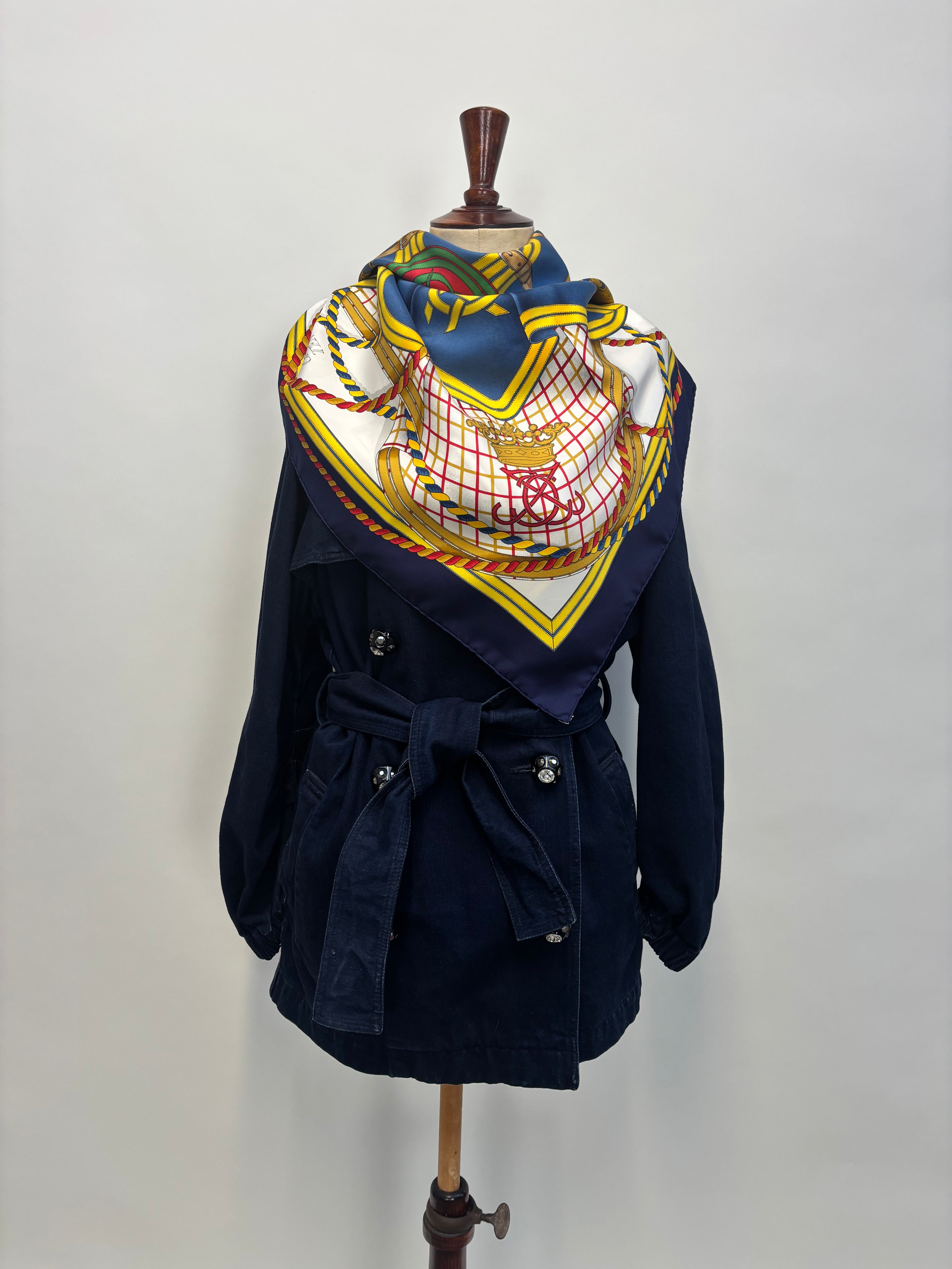 Hermès Carré 90 Silk Scarf Blue Gold Heraldic Equestrian Motif