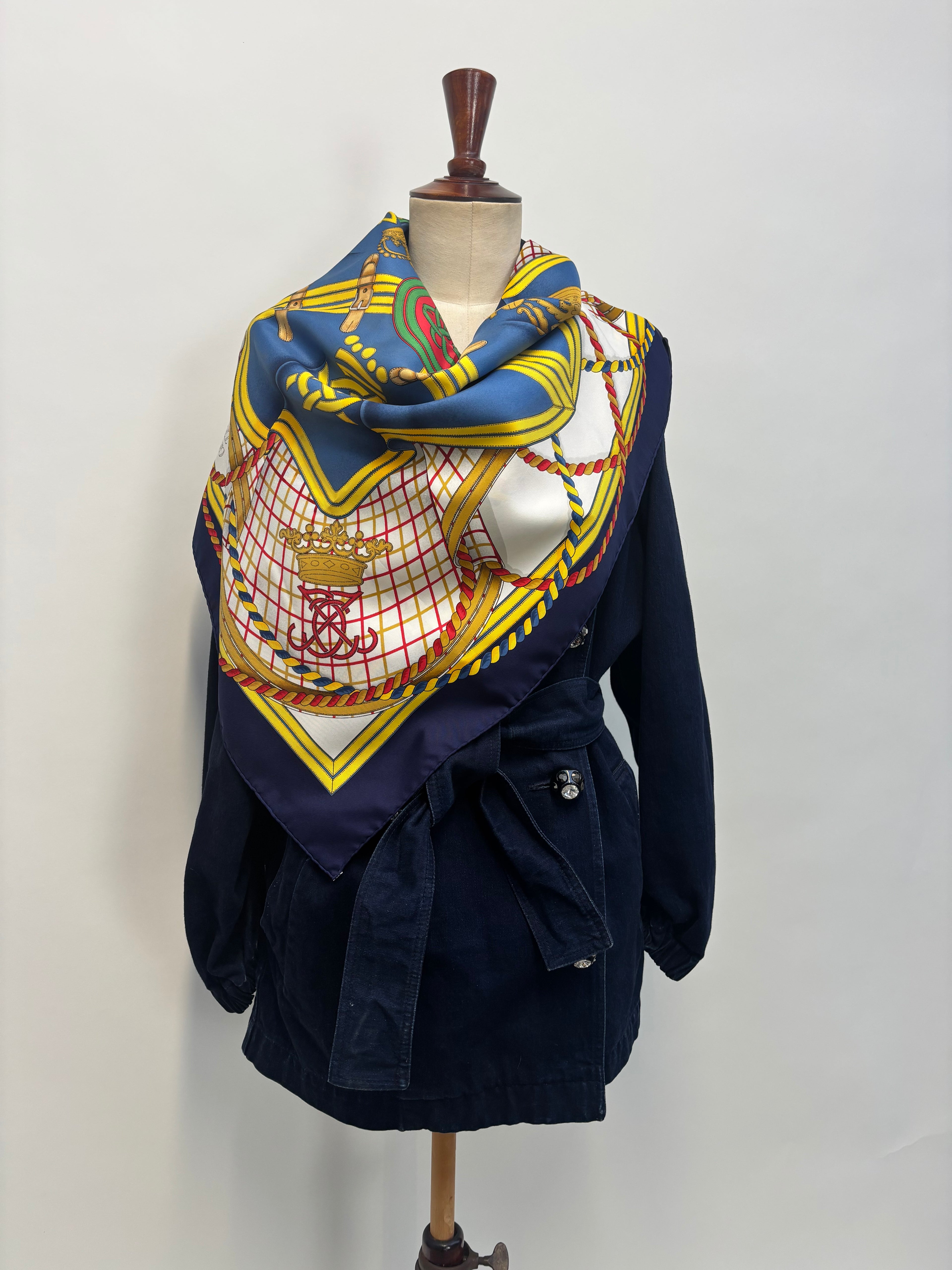 Hermès Carré 90 Silk Scarf Blue Gold Heraldic Equestrian Motif