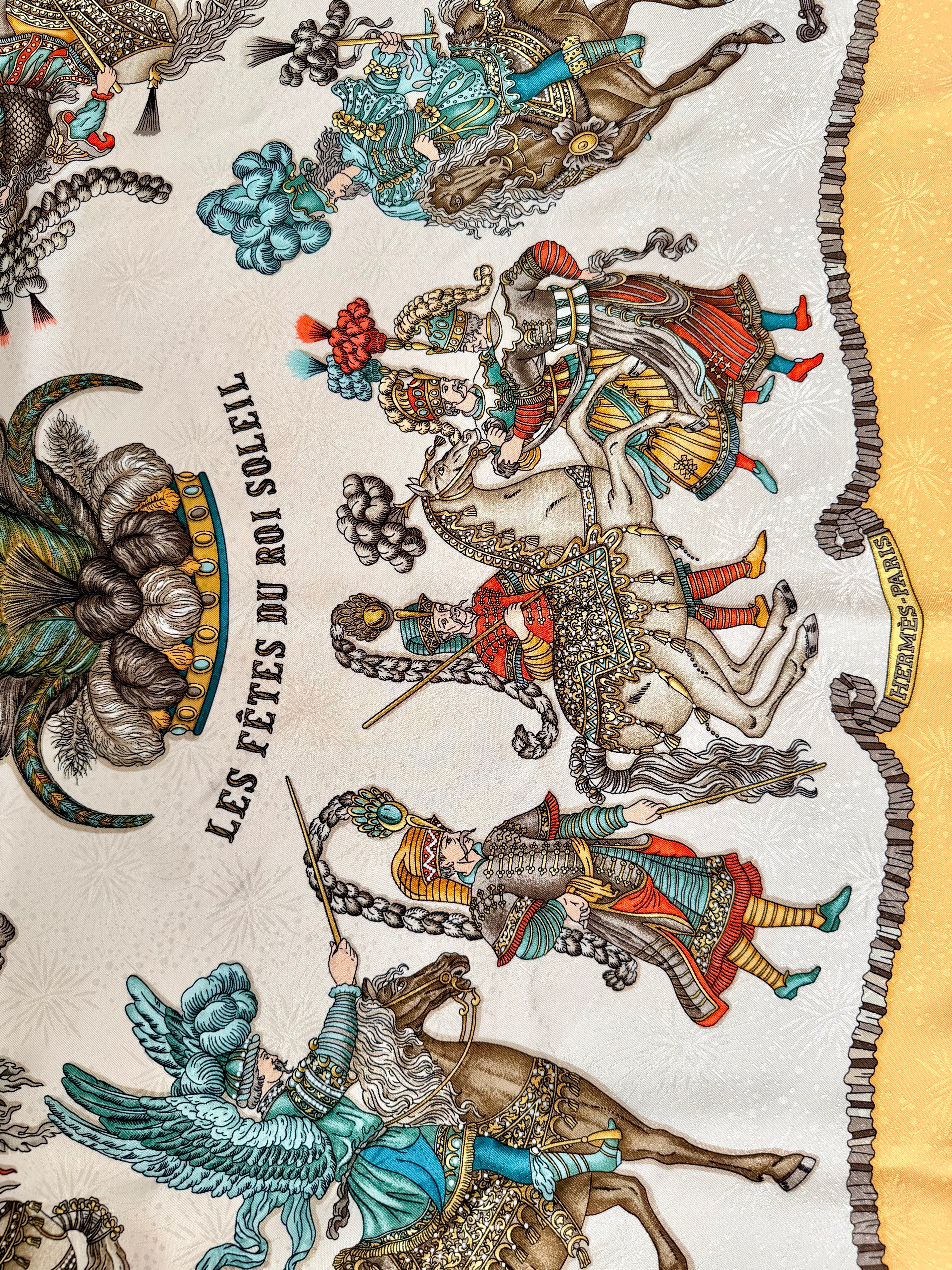 Hermès Les Fêtes du Roi Soleil Carré 90 Silk Scarf Yellow Ivory by Loïc Dubigeon