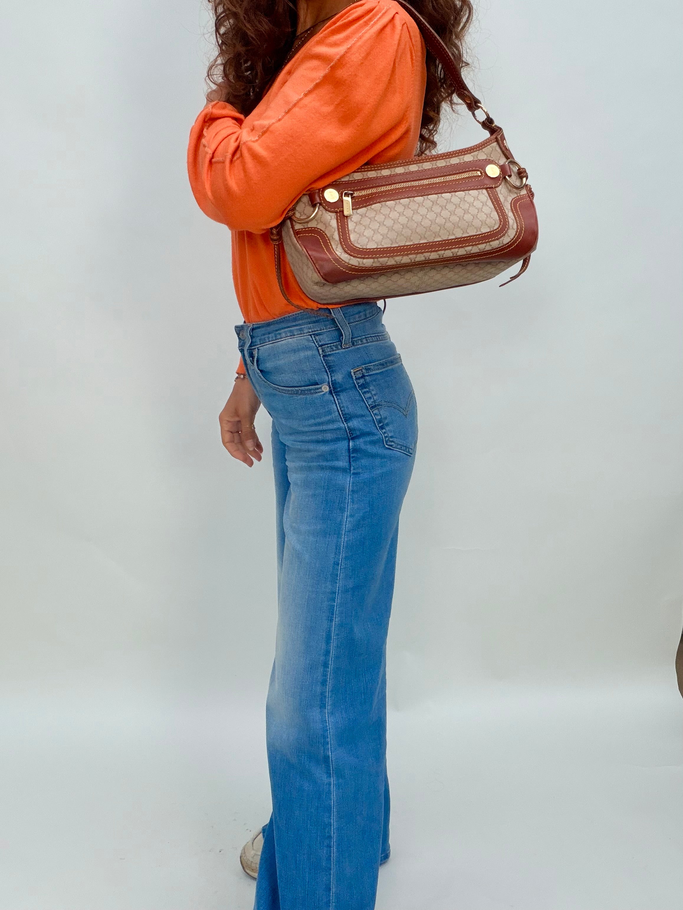 Céline Macadam Baguette Shoulder Bag Brown Canvas Leather Vintage 90s