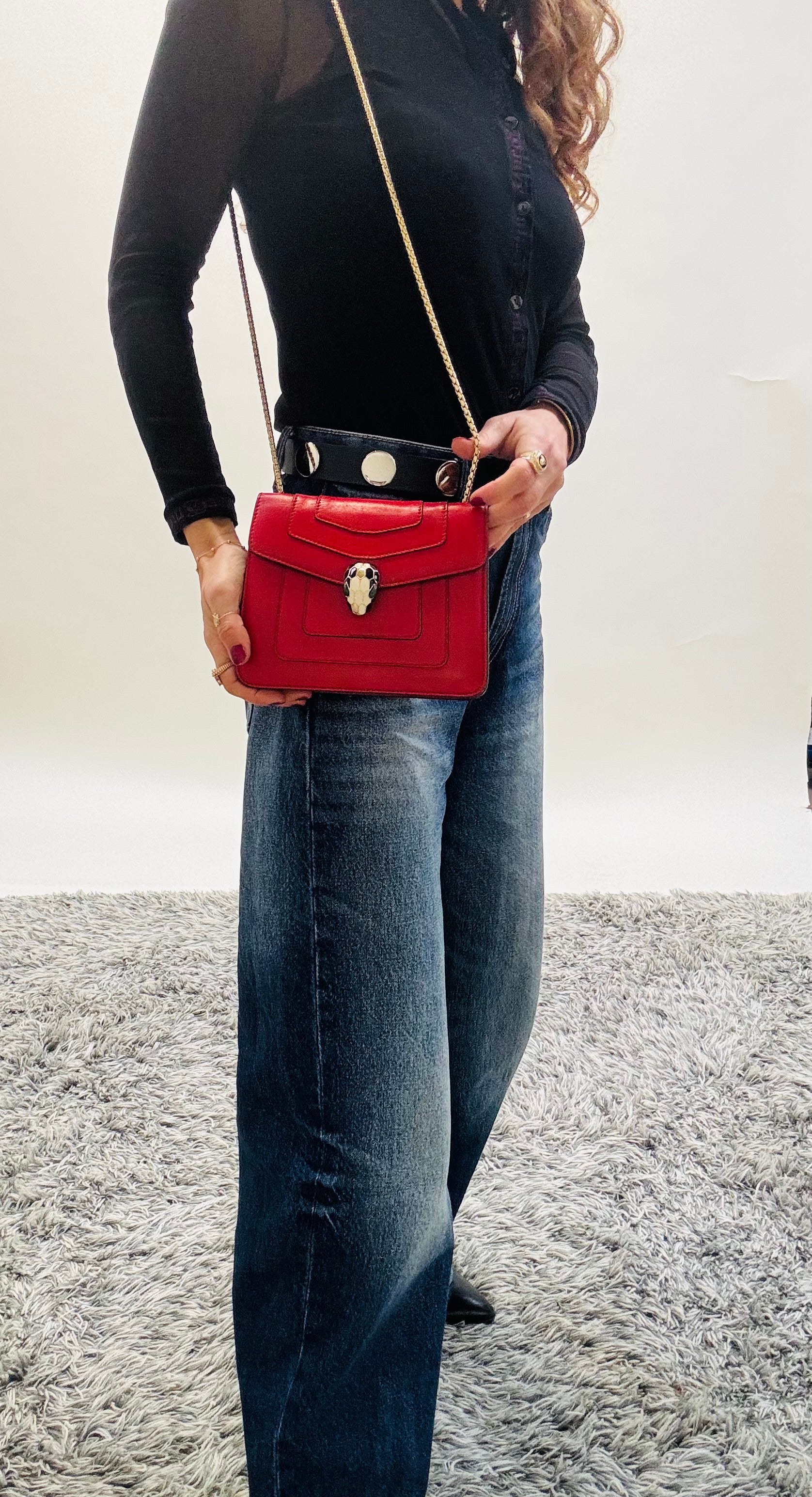 Bvlgari Serpenti Shoulder Bag Red Leather with Gold Strap