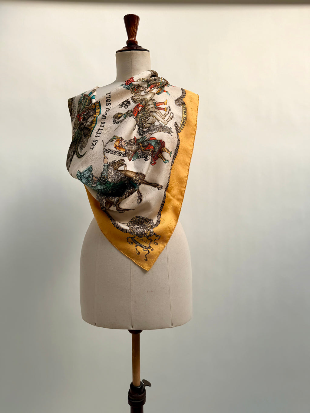 Hermès Les Fêtes du Roi Soleil Carré 90 Silk Scarf Yellow Ivory by Loïc Dubigeon