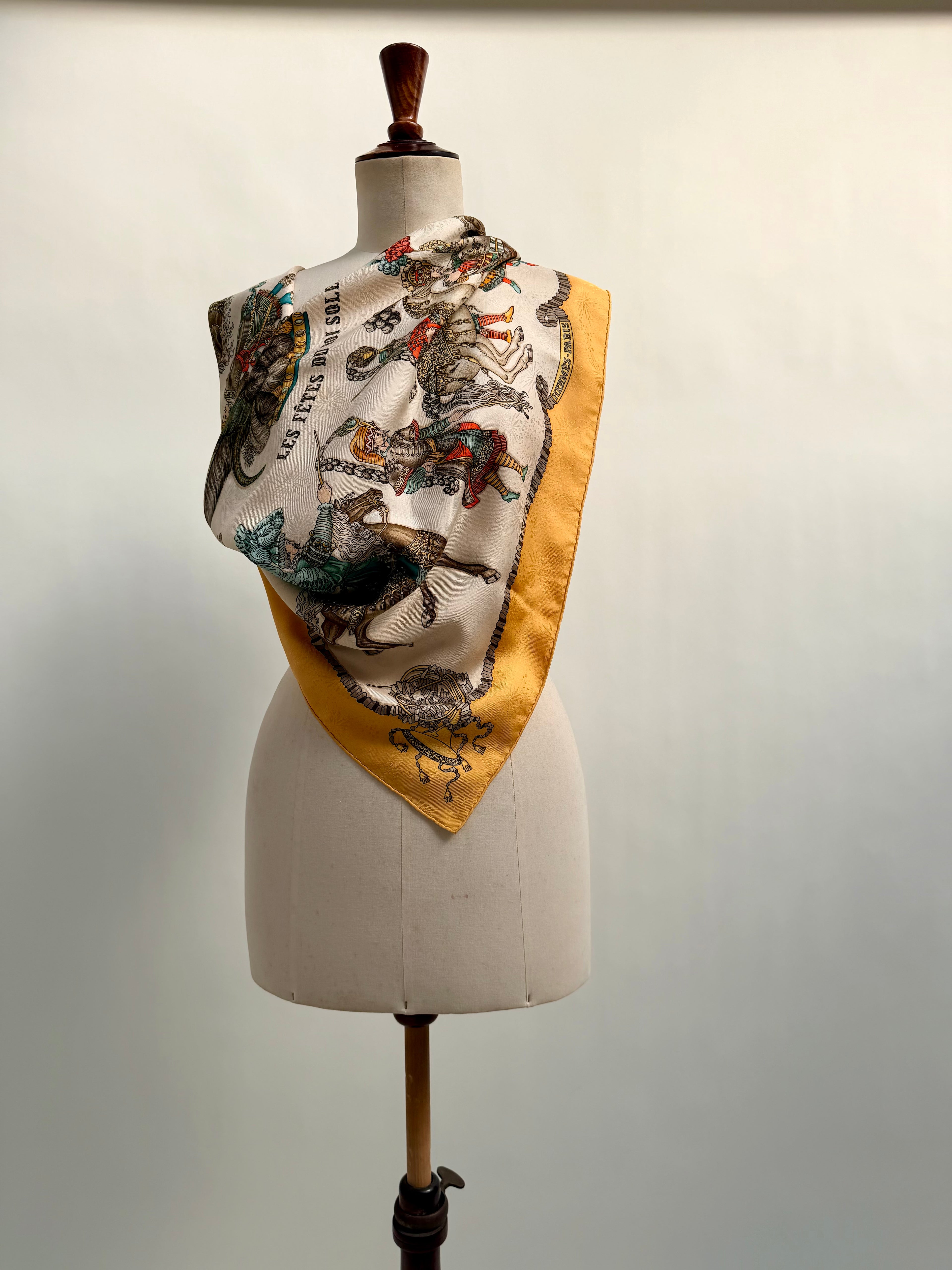 Hermès Les Fêtes du Roi Soleil Carré 90 Silk Scarf Yellow Ivory by Loïc Dubigeon