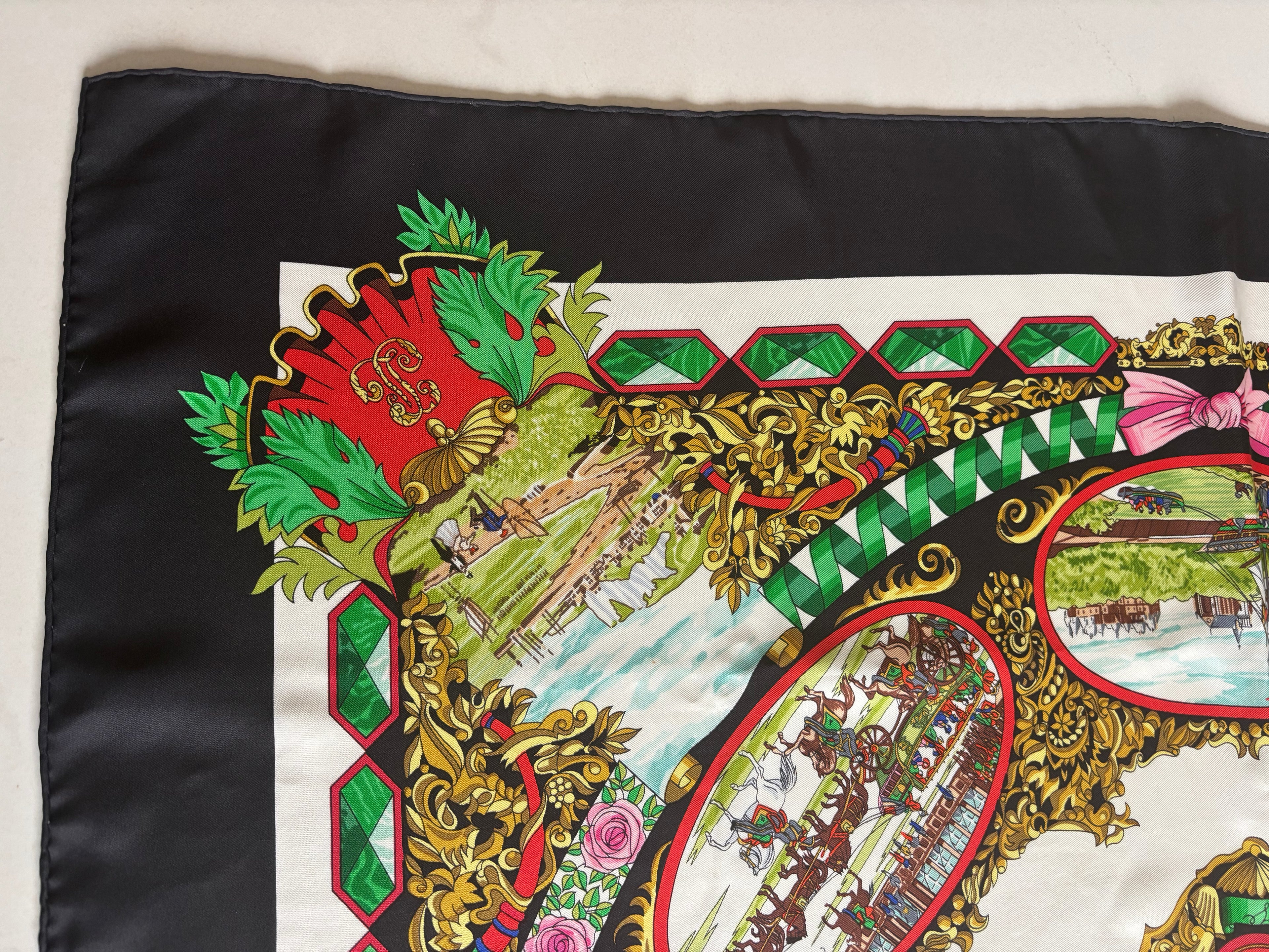 Hermès Vintage Silk Carré 90 Scarf Black Multicolor Print