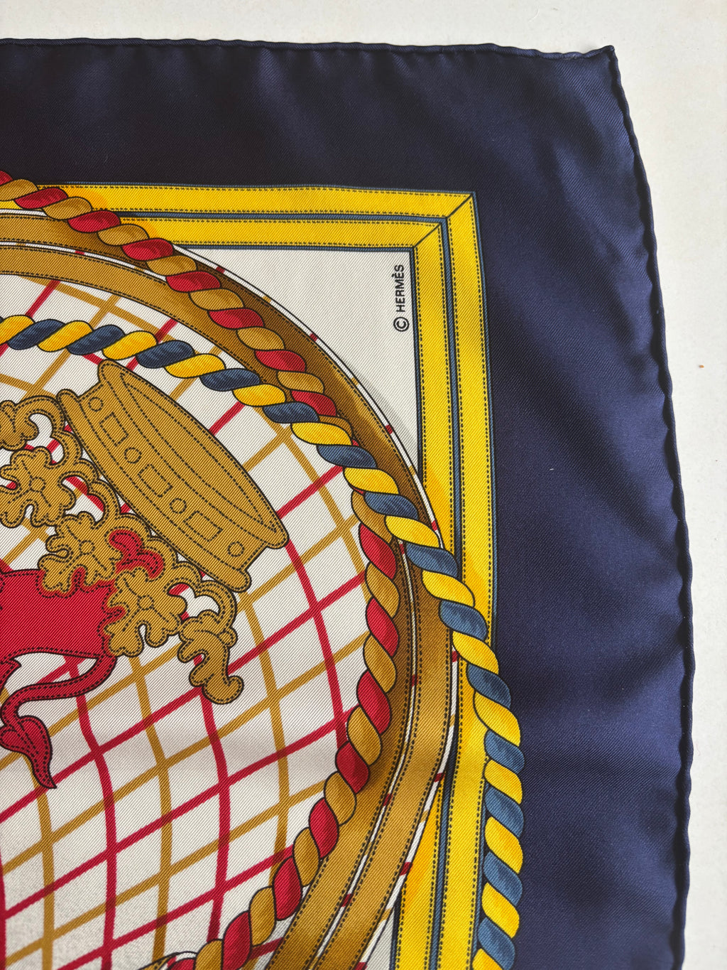 Hermès Carré 90 Silk Scarf Blue Gold Heraldic Equestrian Motif