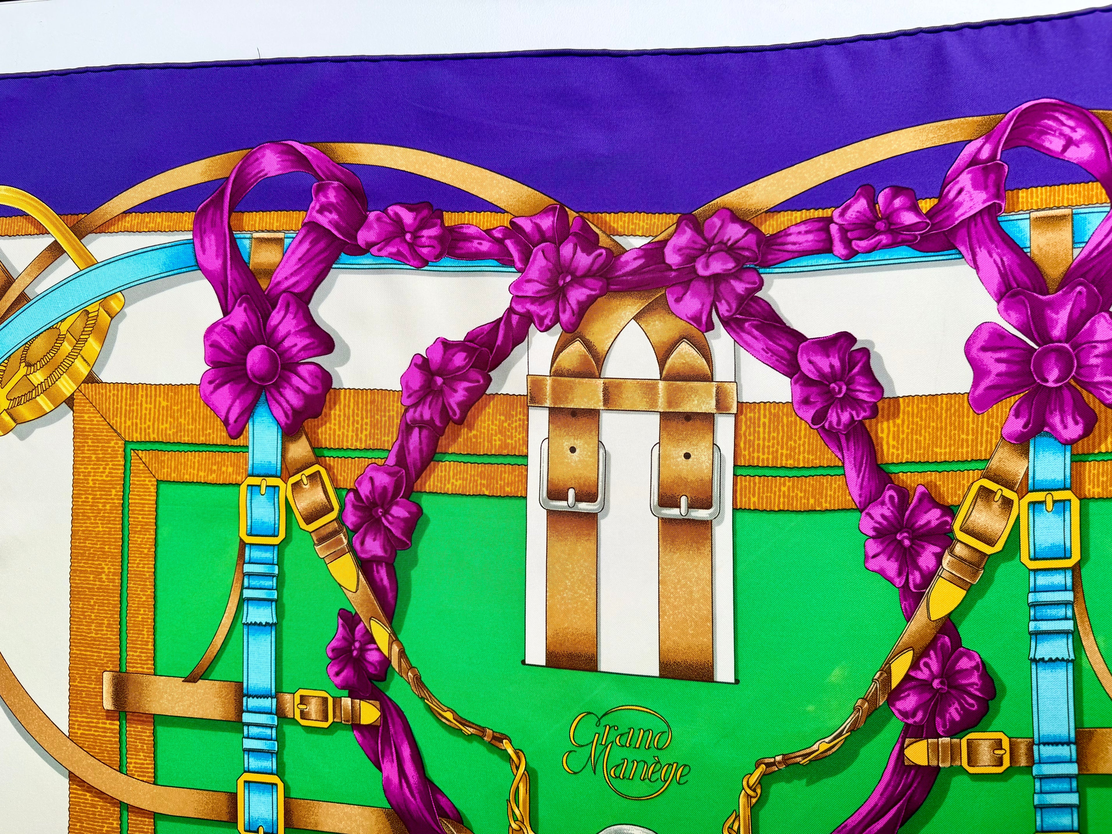 Hermès Grand Manège Silk Scarf 90x90 Purple Green Gold by Henri d’Origny