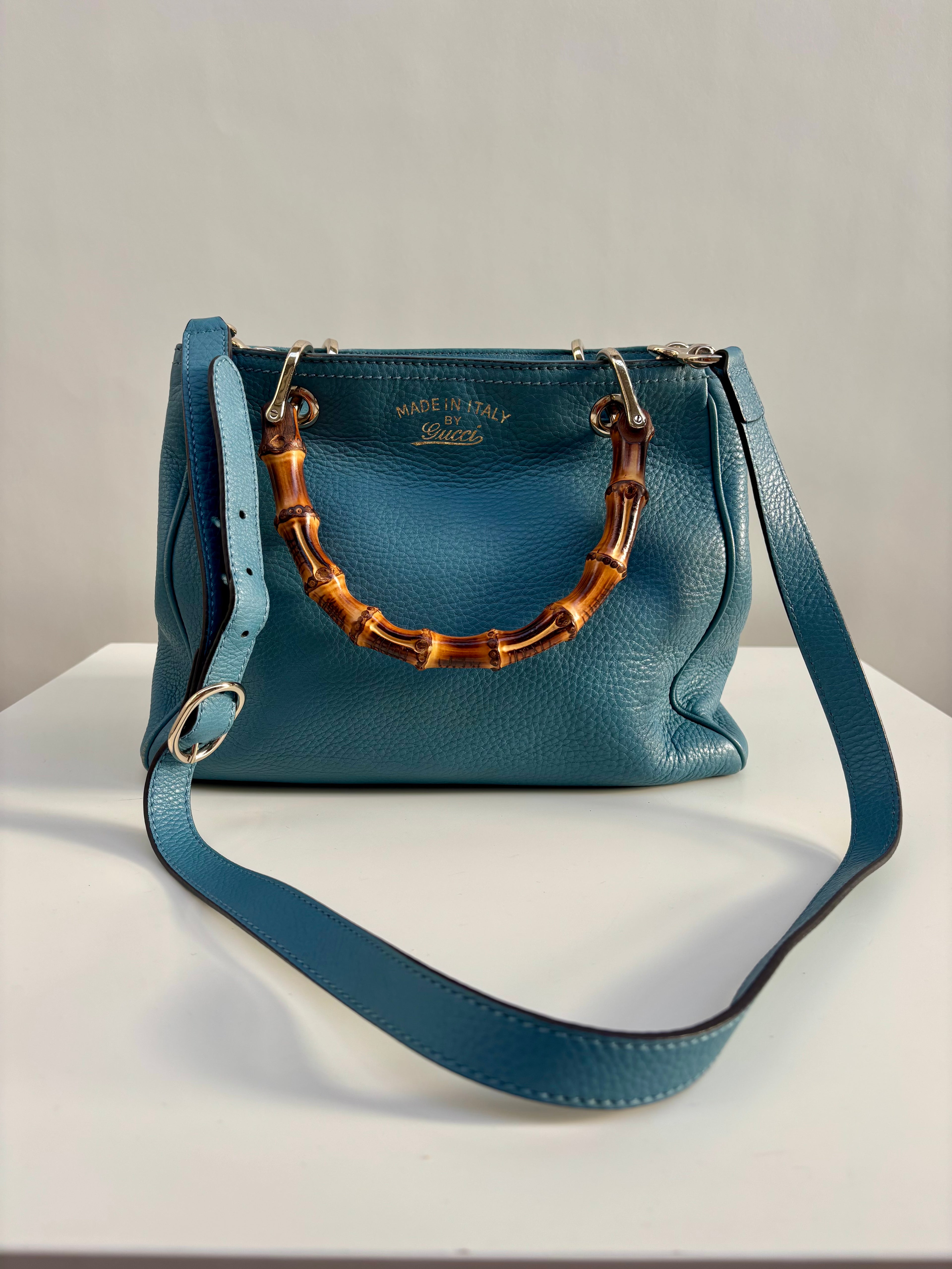 Gucci Bamboo Leather Top Handle Bag Blue Vintage Bamboo Crossbody