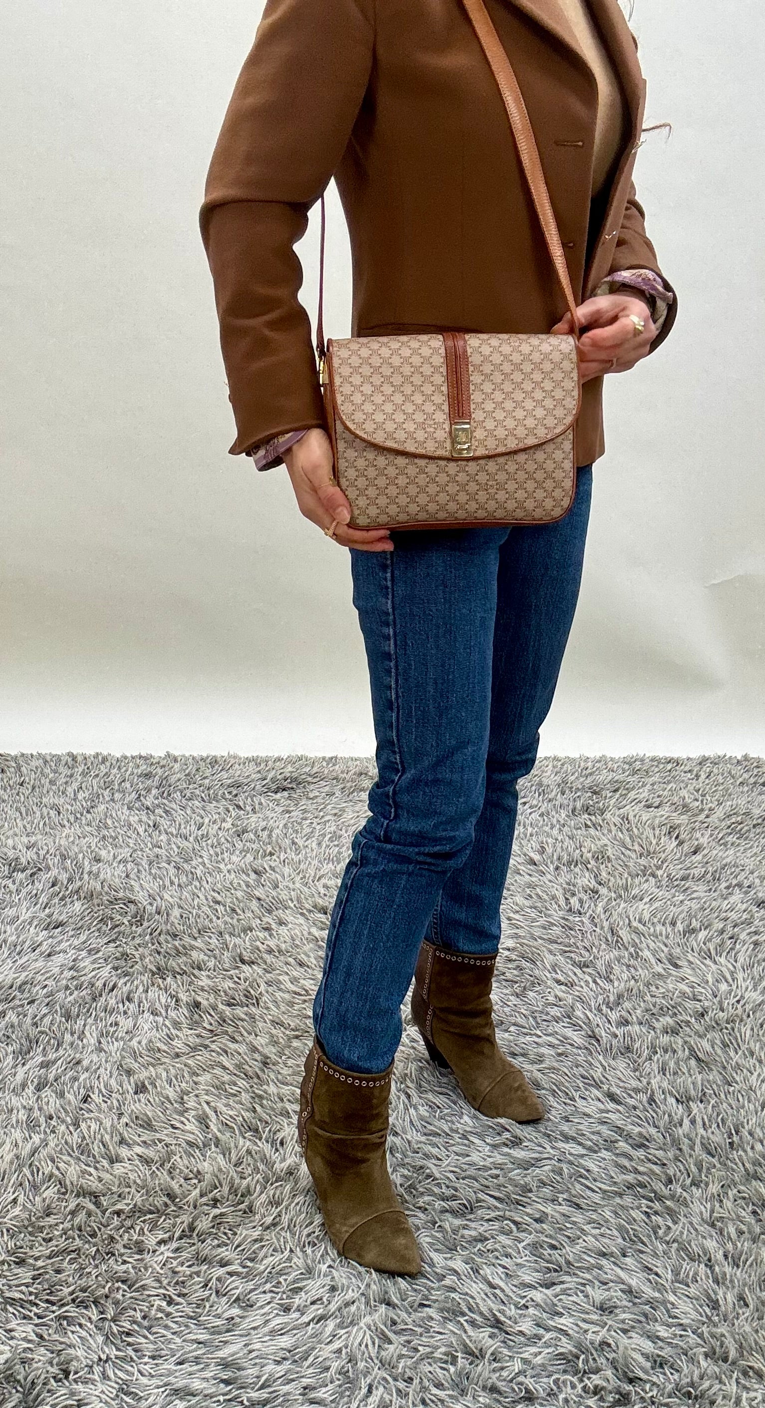 Celine Vintage 90s Macadam Crossbody Bag Beige Brown Canvas