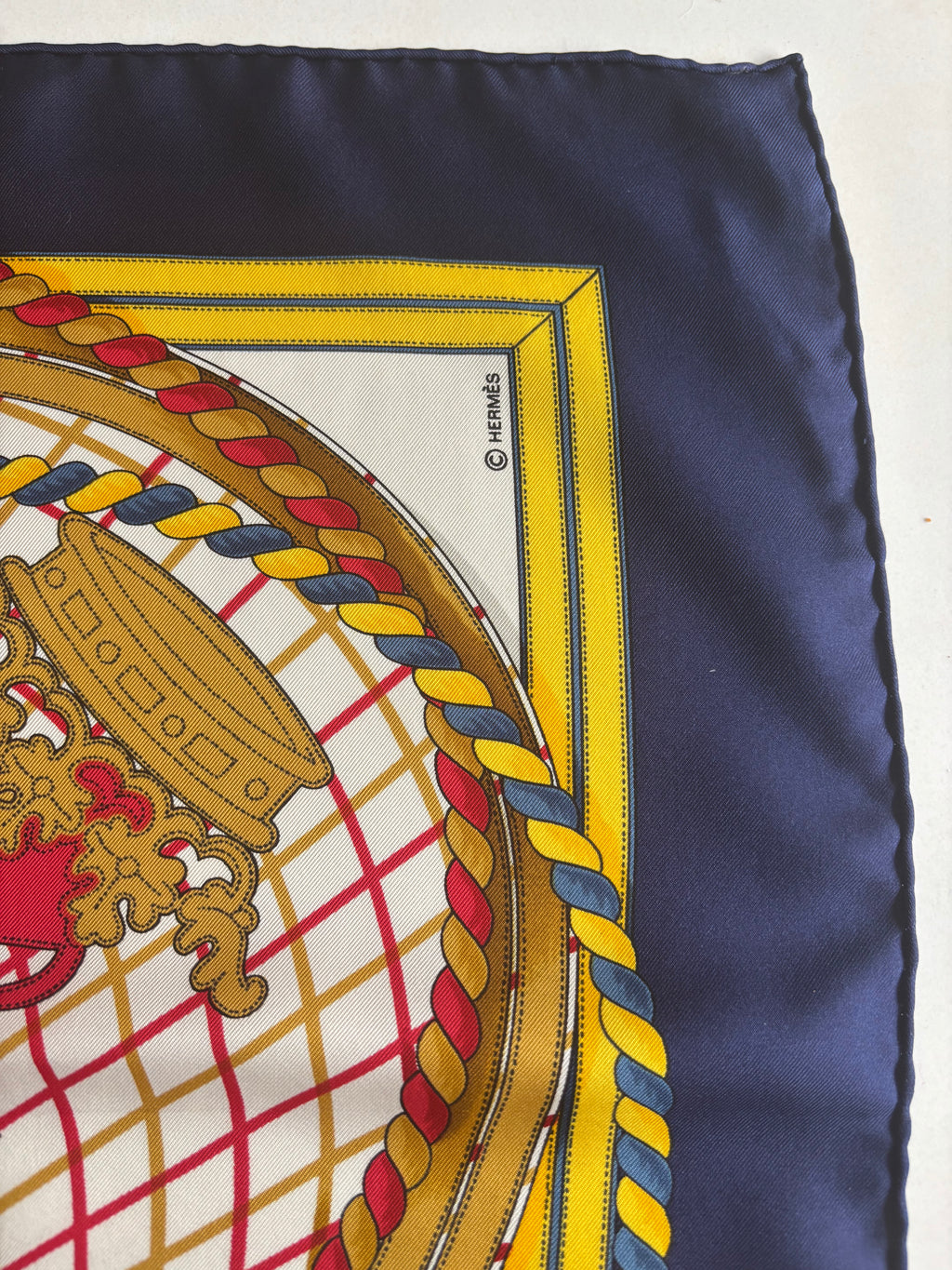 Hermès Carré 90 Silk Scarf Blue Gold Heraldic Equestrian Motif