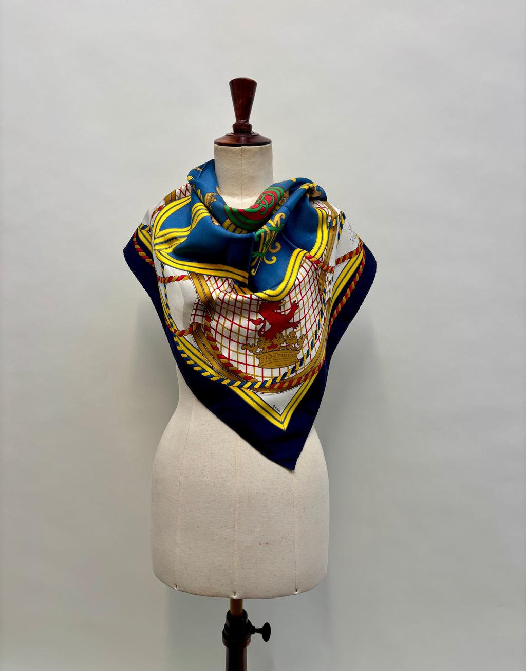 Hermès Carré 90 Silk Scarf Blue Gold Heraldic Equestrian Motif