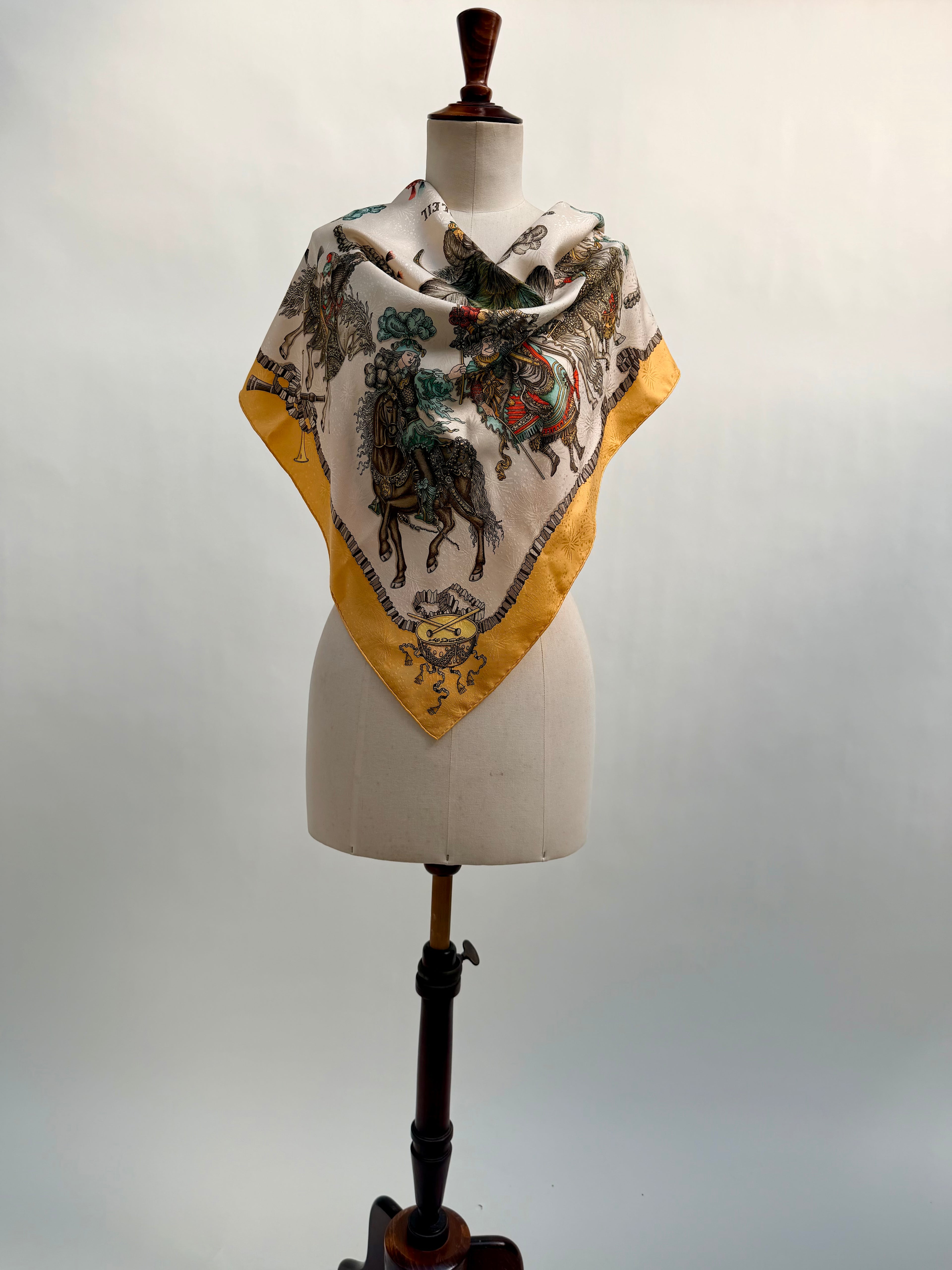 Hermès Les Fêtes du Roi Soleil Carré 90 Silk Scarf Yellow Ivory by Loïc Dubigeon