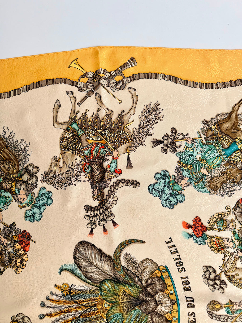 Hermès Les Fêtes du Roi Soleil Carré 90 Silk Scarf Yellow Ivory by Loïc Dubigeon
