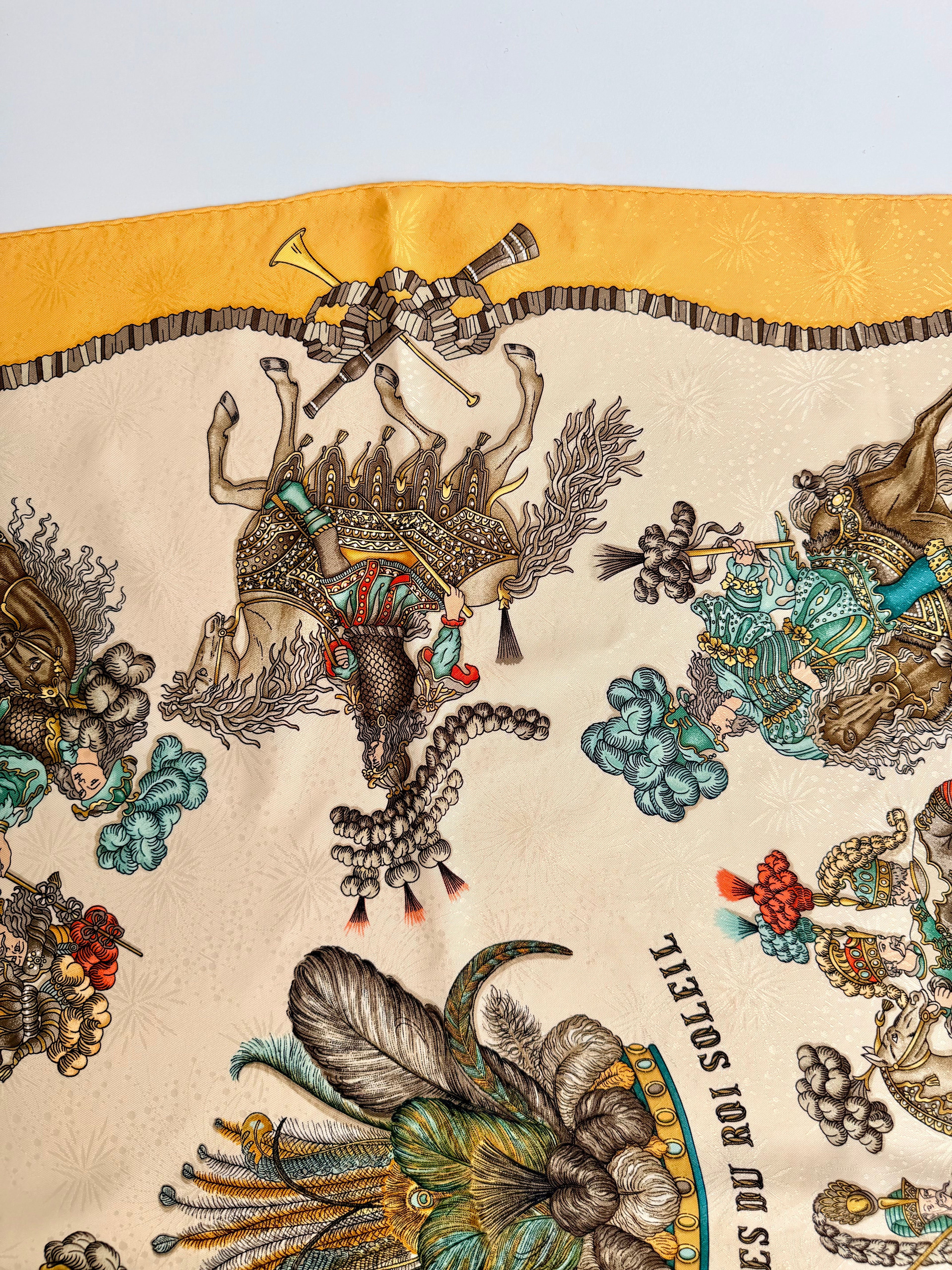 Hermès Les Fêtes du Roi Soleil Carré 90 Silk Scarf Yellow Ivory by Loïc Dubigeon