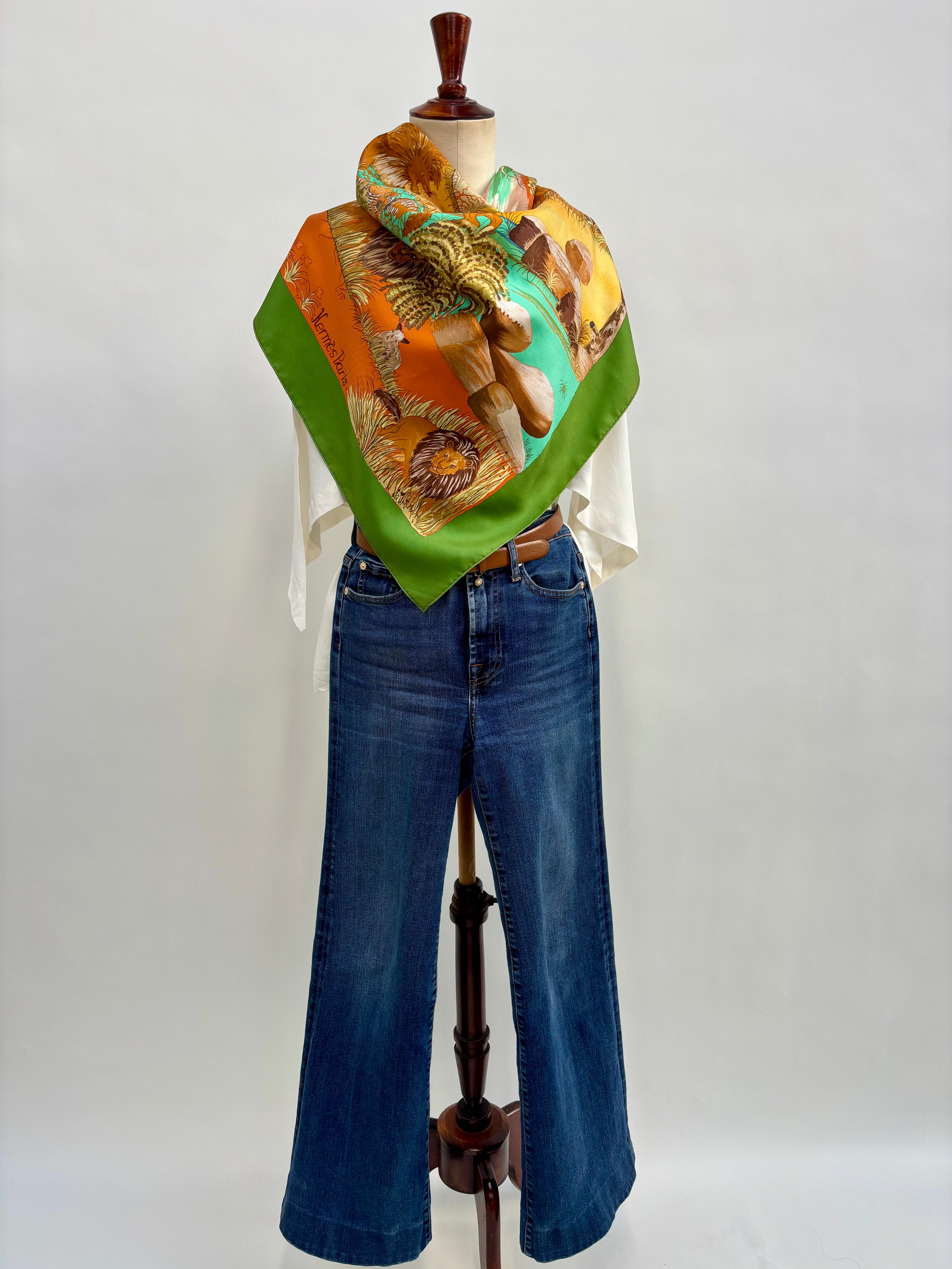 Hermès Vintage Silk Scarf 90×90 Wildlife Lion Design, Made in France